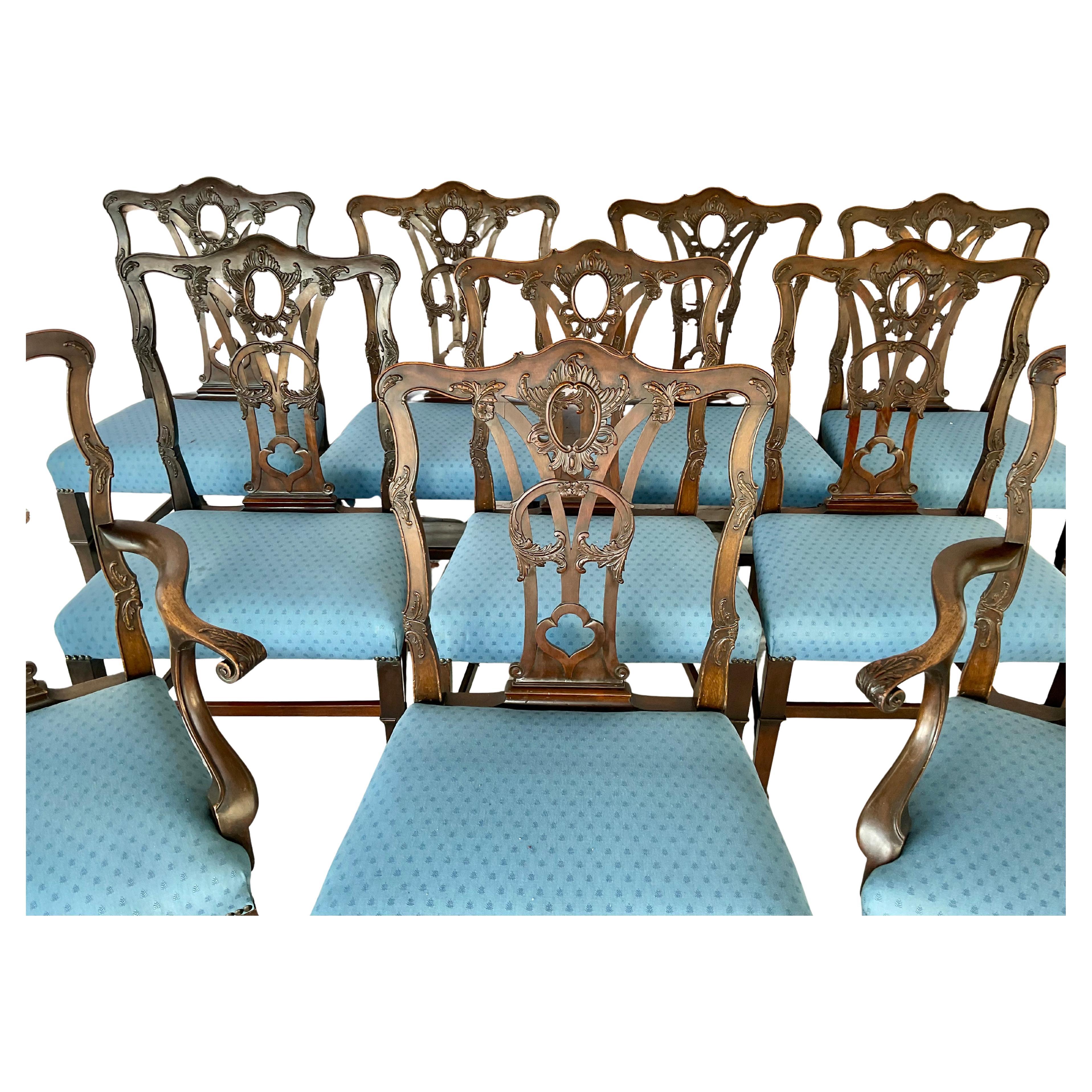 British Set of Ten George III Style Chippendale Dining Chairs For Sale