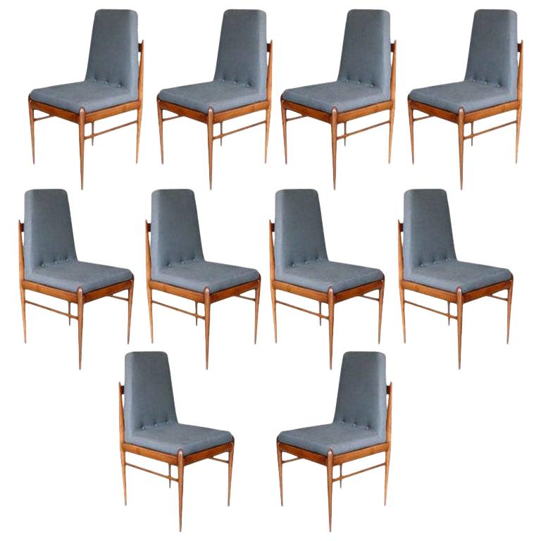 Set of Ten Grey Linen Brazilian Midcentury Dining Chairs by L'Atelier, 1960s