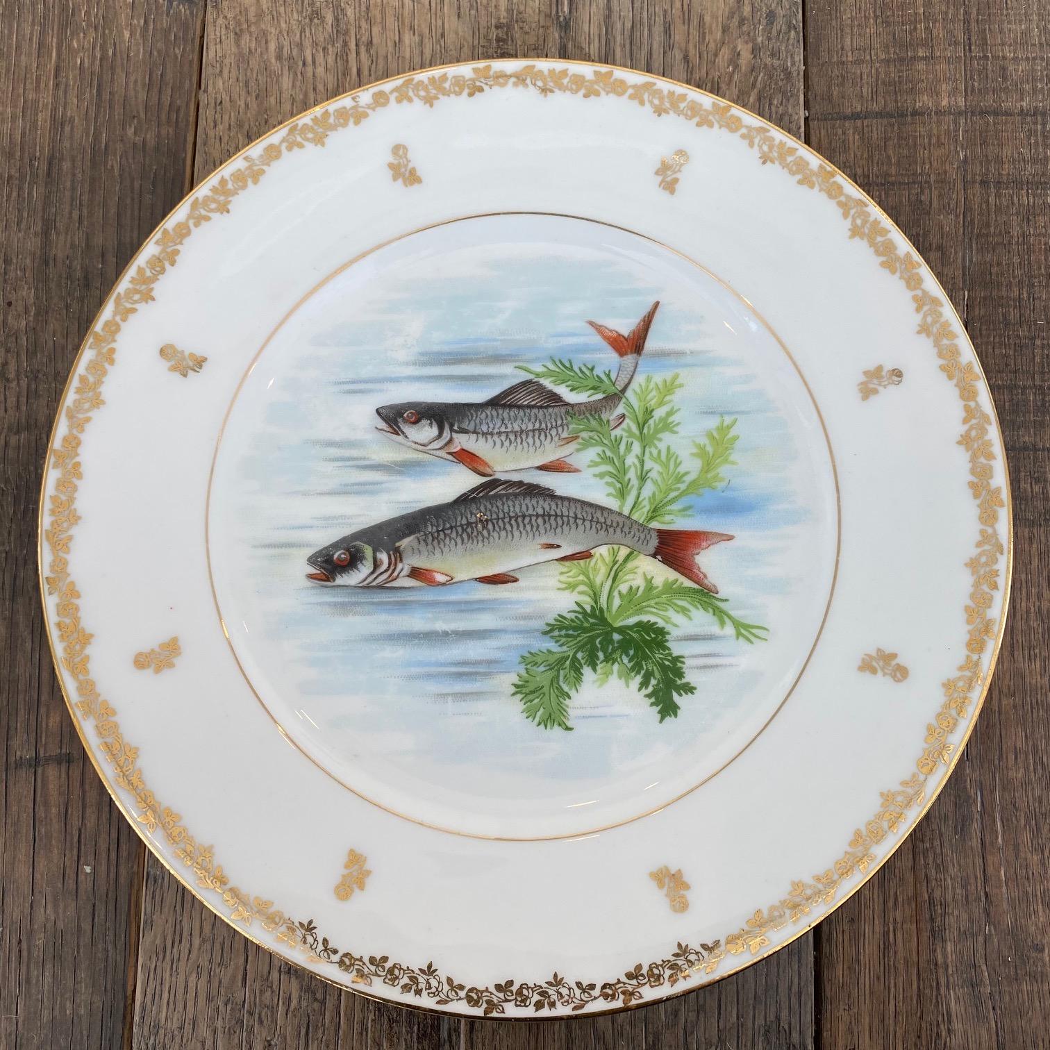 Set of Ten Hand Painted Fish Dinner Plates from Limoges In Good Condition In Hopewell, NJ