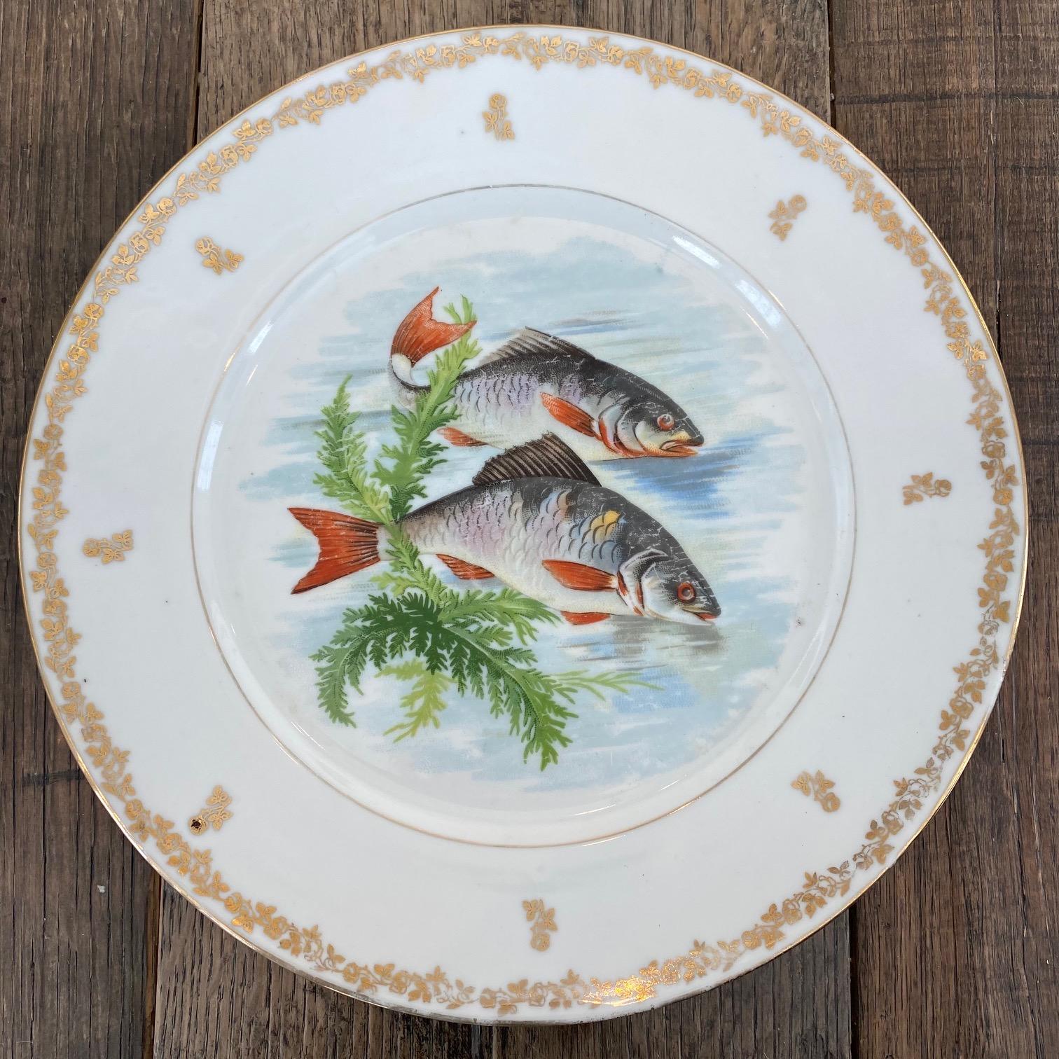 Mid-20th Century Set of Ten Hand Painted Fish Dinner Plates from Limoges