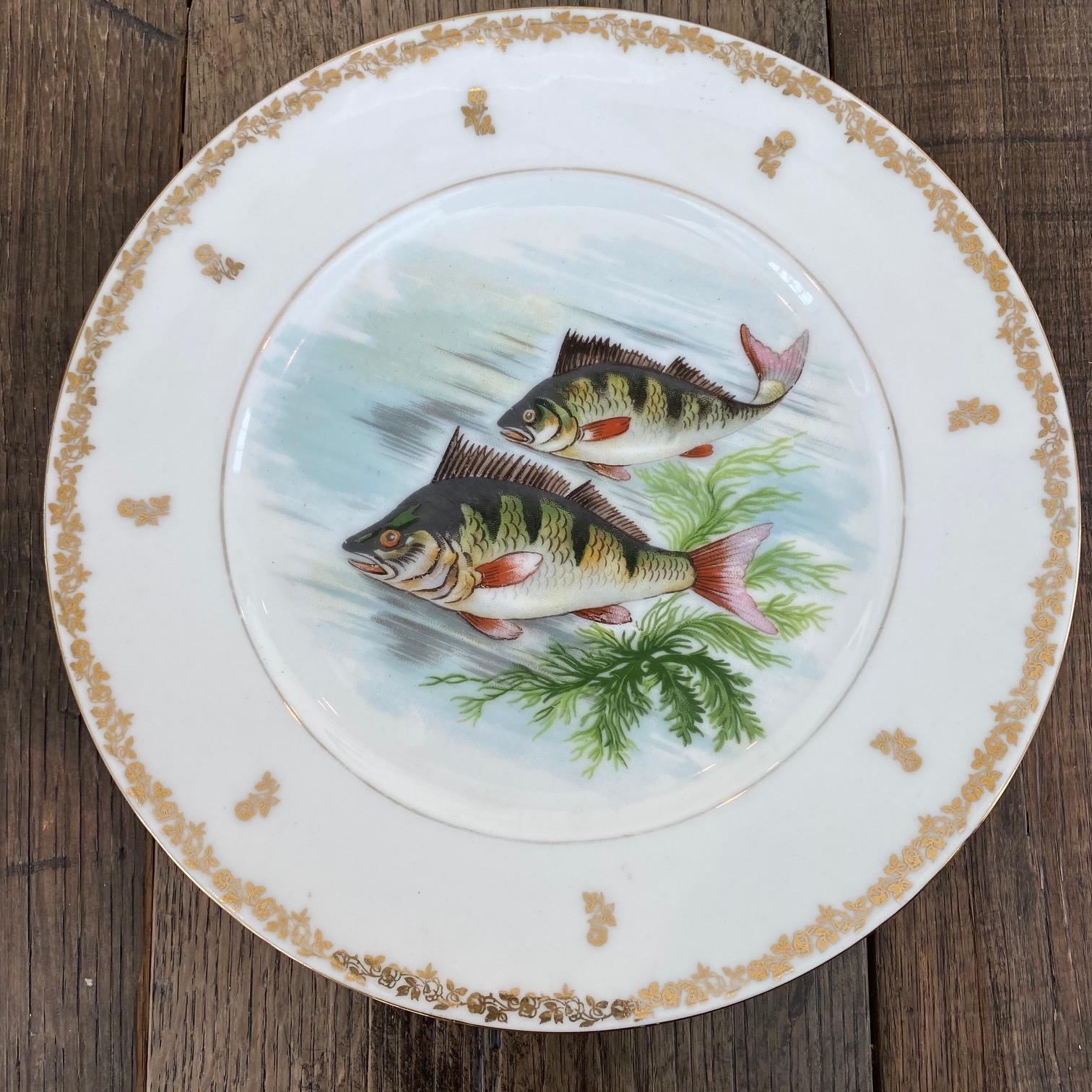 Porcelain Set of Ten Hand Painted Fish Dinner Plates from Limoges