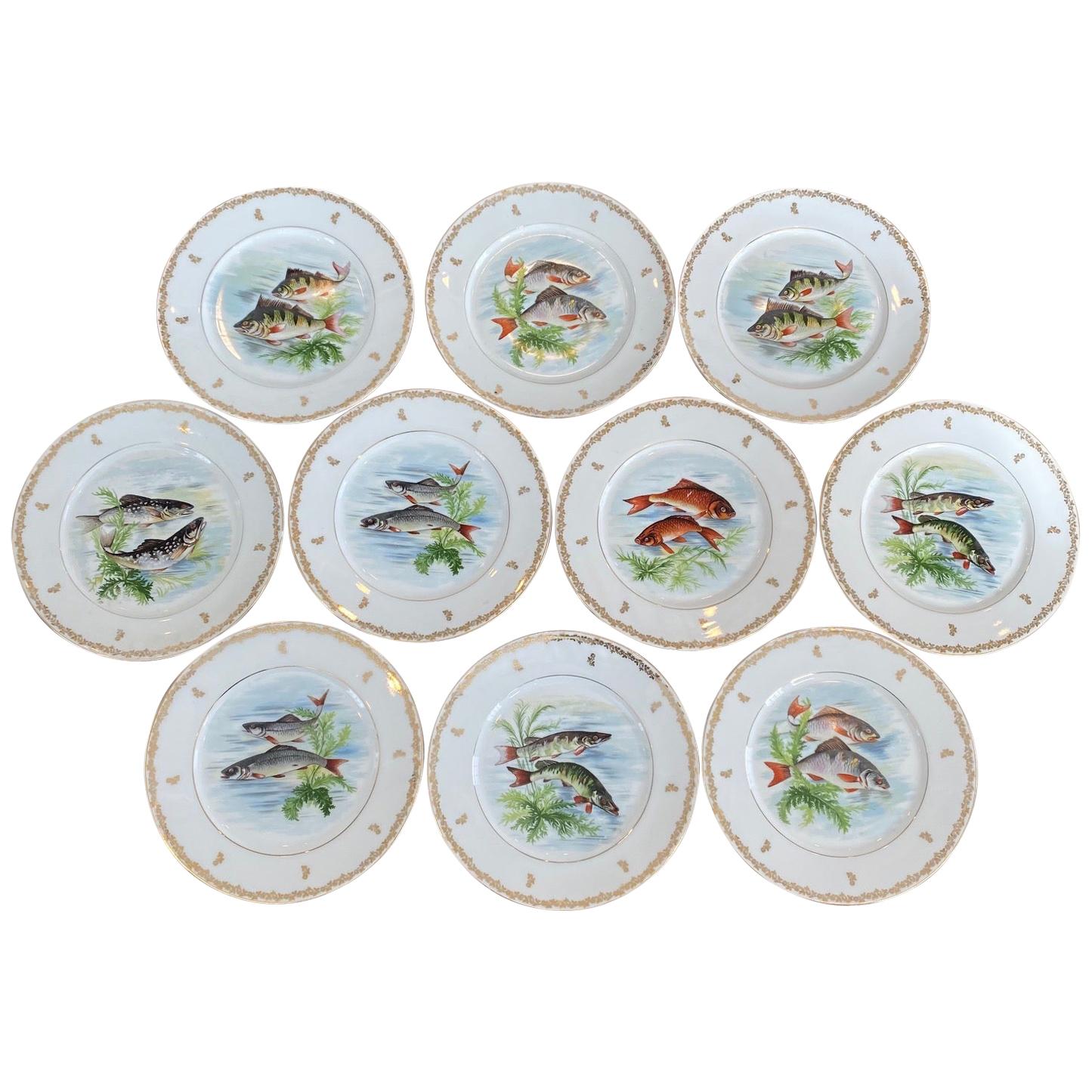 Set of Ten Hand Painted Fish Dinner Plates from Limoges