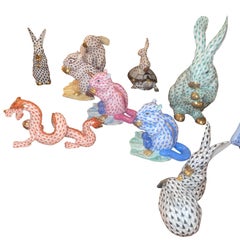 Set of Ten Herend Fishnet Porcelain Animal Figurines. Hungary, 20th Century.