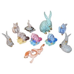 Set of Ten Herend Fishnet Porcelain Animal Figurines. Hungary, 20th Century.