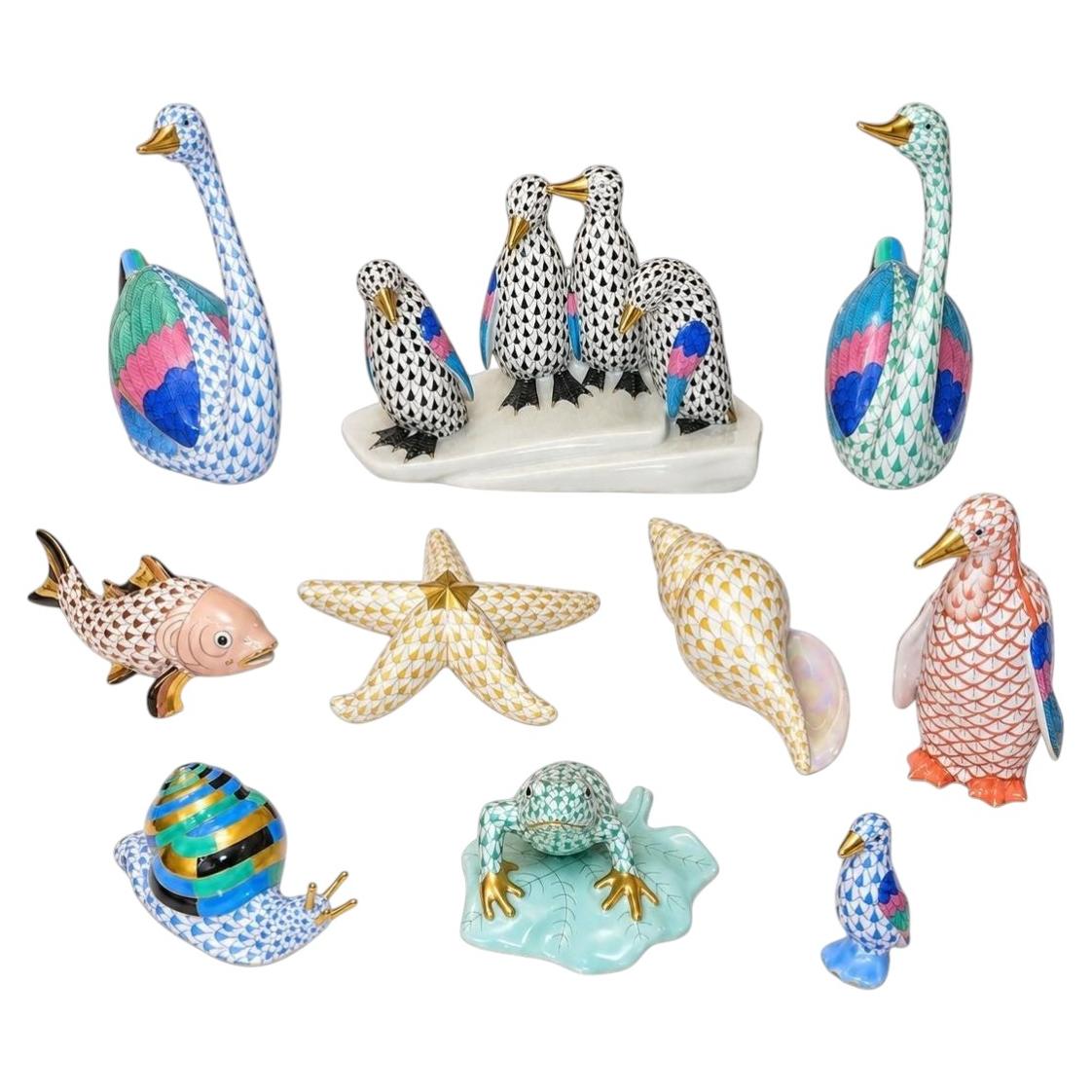 Pre-owned Herend Set Of Ten  Porcelain Aquatic Animal Figurines. Hungary, 20th Century. In Gray