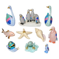 Set of Ten Herend Porcelain Aquatic Animal Figurines. Hungary, 20th Century.