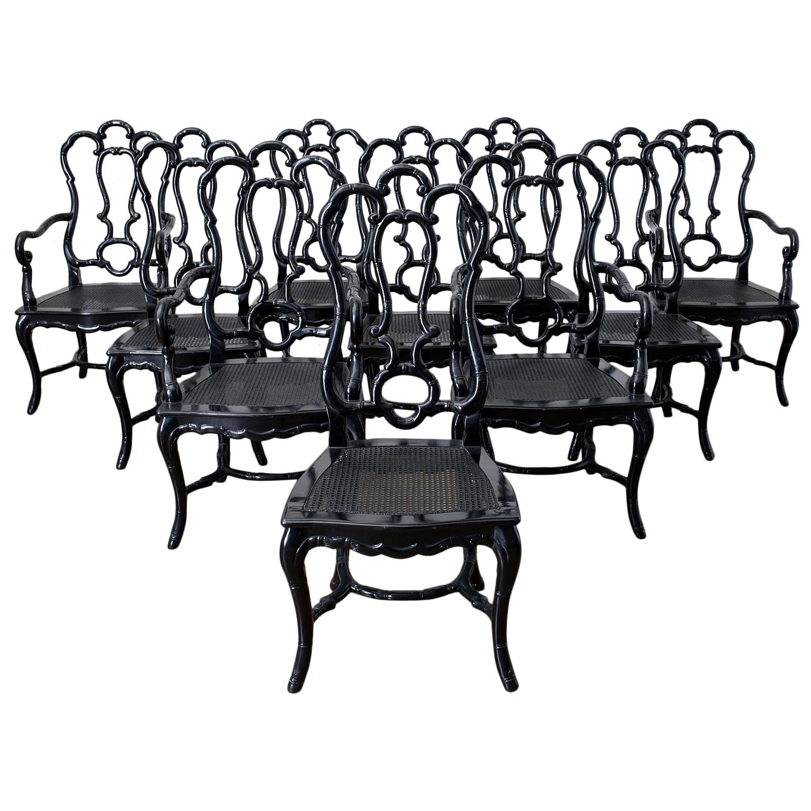 Set of Ten Hollywood Regency Faux Bamboo Dining Chairs