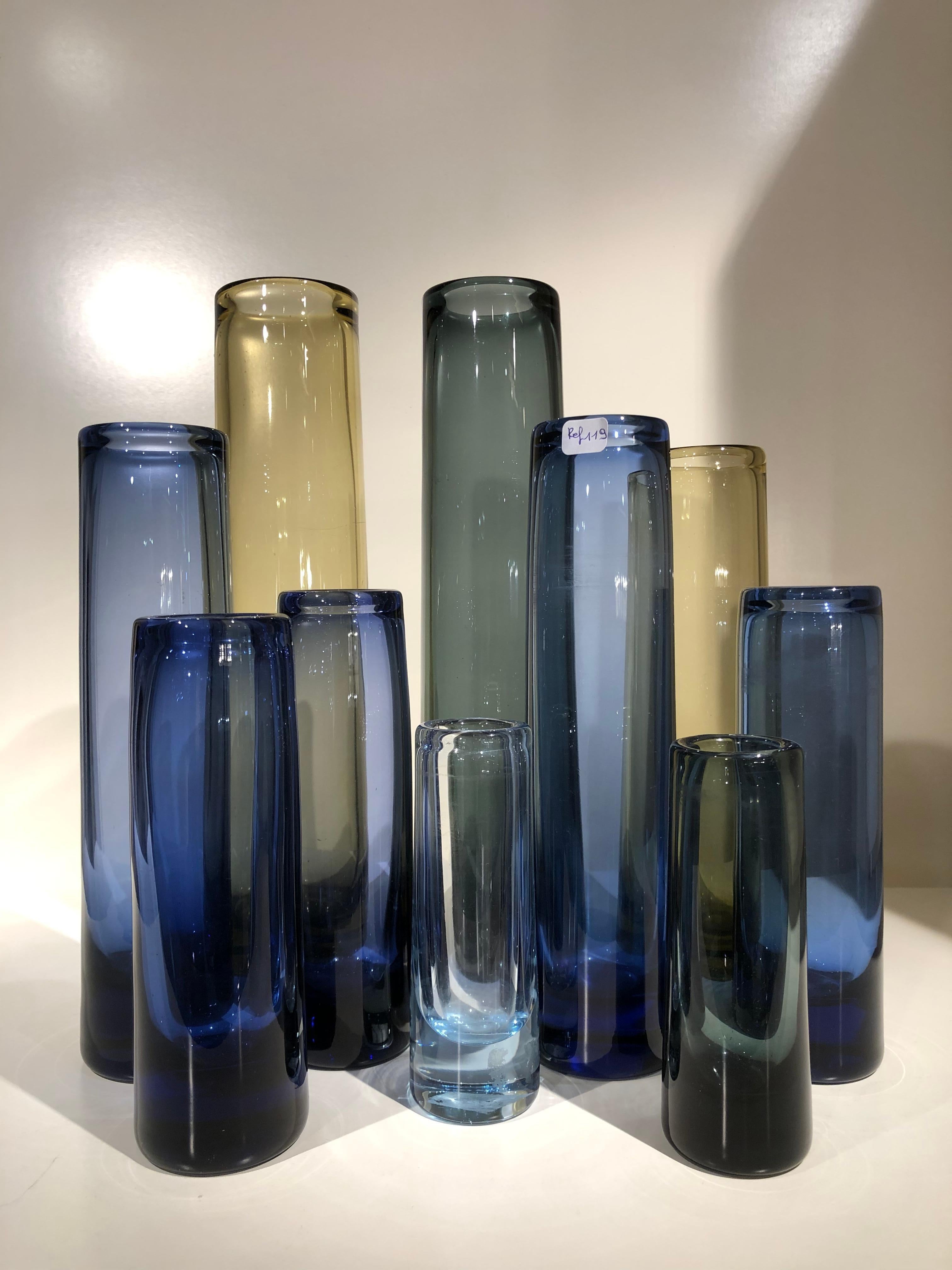 10 cylinders vases Holmgaard by Per Lütken different size and colors.