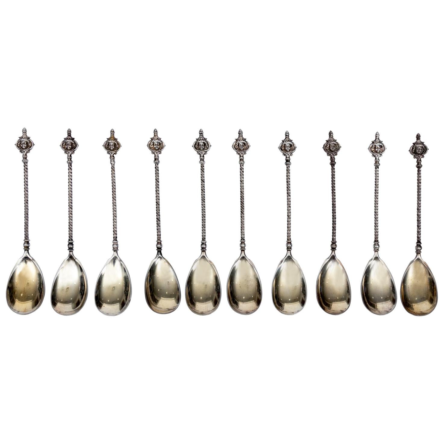 Set of Ten Ice Cream Spoons with Angelic Face Motifs For Sale