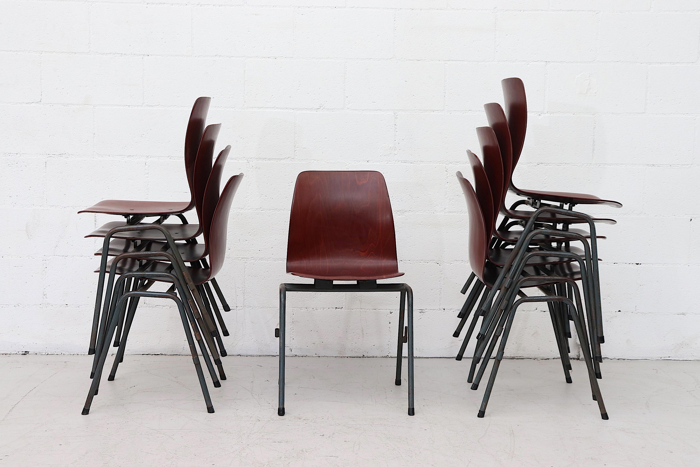 Mid-Century Modern Set of ten Dutch mid-century  stacking chairs with single shell seat For Sale