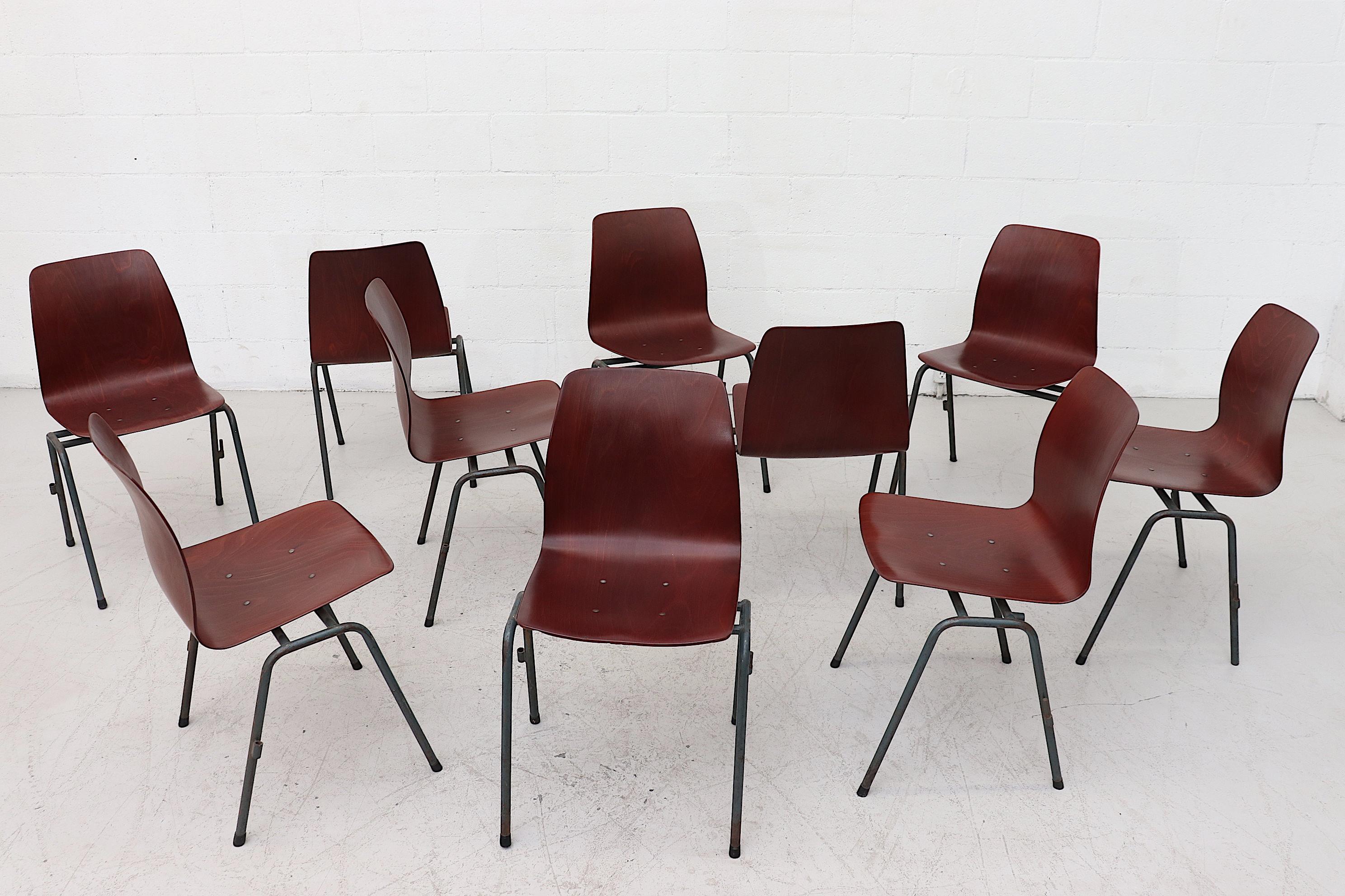 Enameled Set of ten Dutch mid-century  stacking chairs with single shell seat For Sale