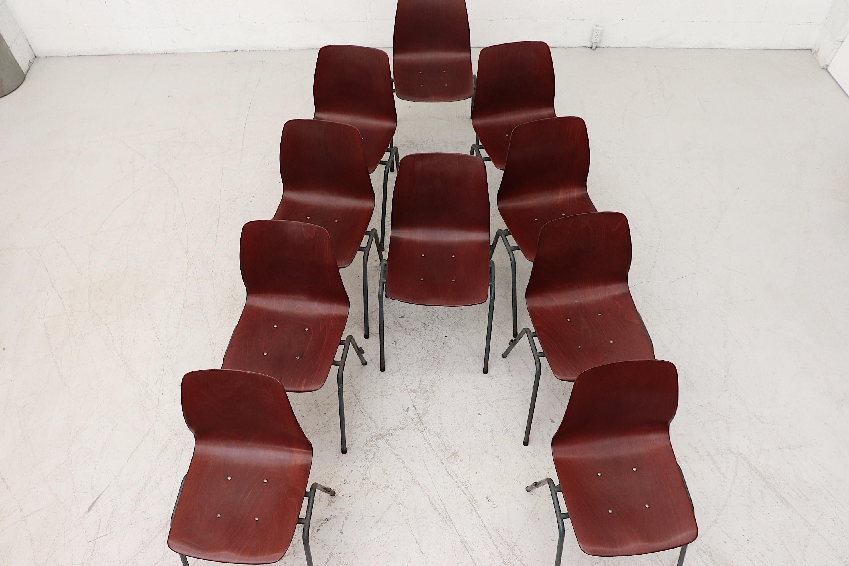 Set of ten Dutch mid-century  stacking chairs with single shell seat In Good Condition For Sale In Los Angeles, CA