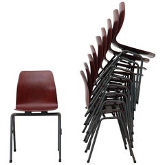 Mid-Century Set of Ten Dutch Stacking Chairs with Single Shell Teak Toned Seats
