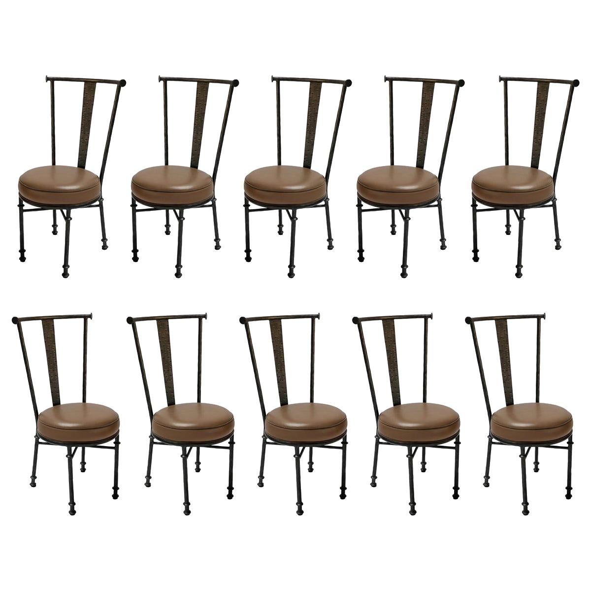 Set of Eight Iron Side Chairs in Brown Leather, 1980s