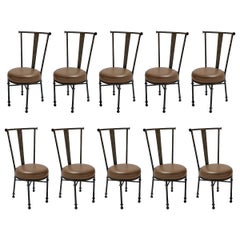 Set of Eight Iron Side Chairs in Brown Leather, 1980s