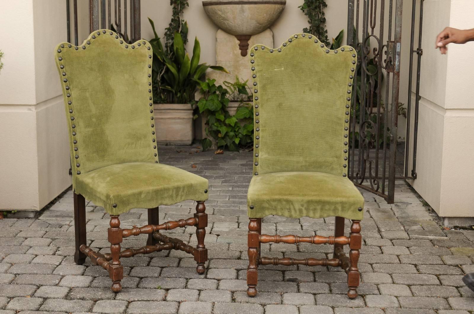 Set of Ten Italian Baroque Style 1900s Dining Side Chairs with Green Upholstery 4