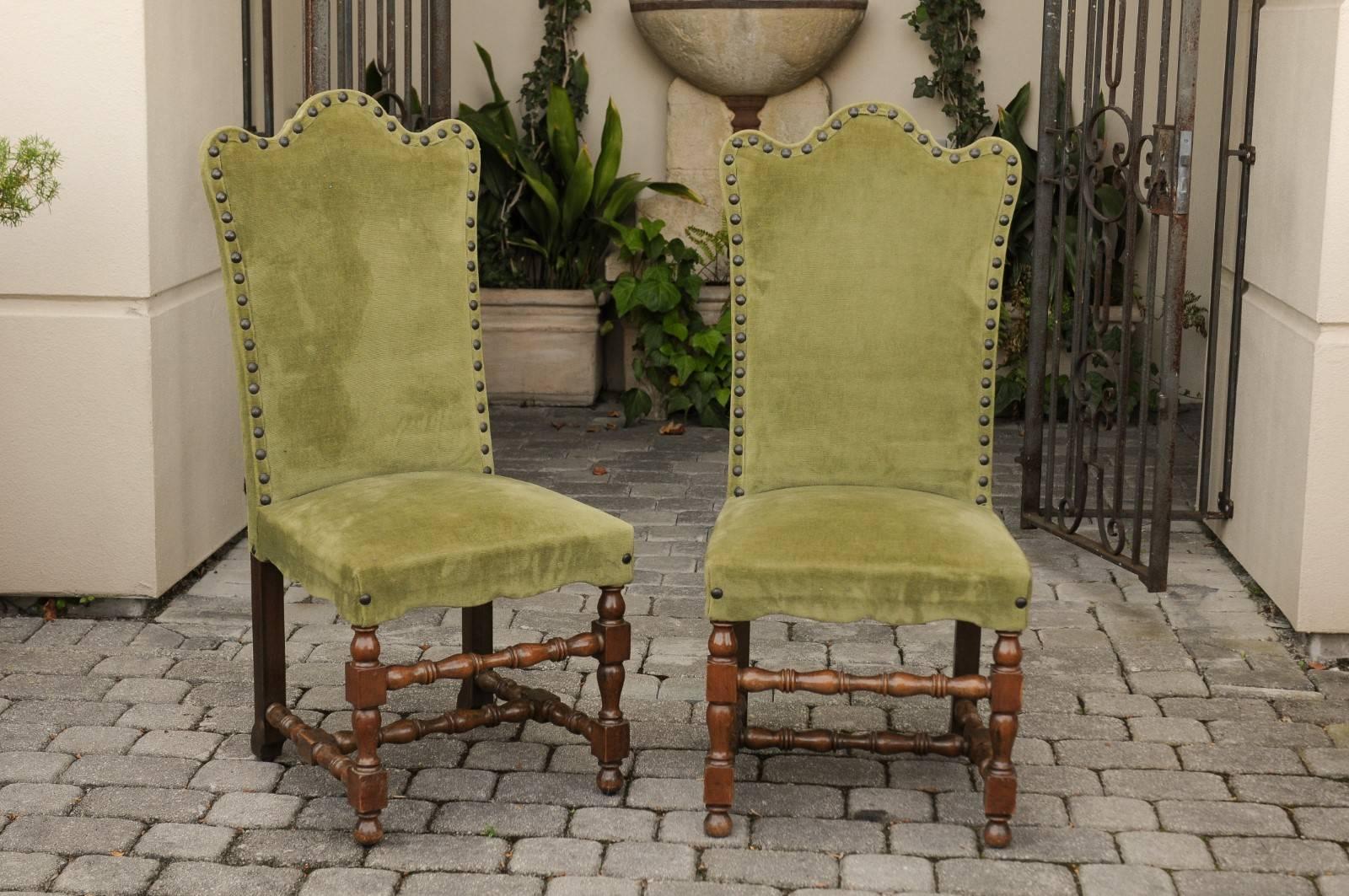 Set of Ten Italian Baroque Style 1900s Dining Side Chairs with Green Upholstery 5