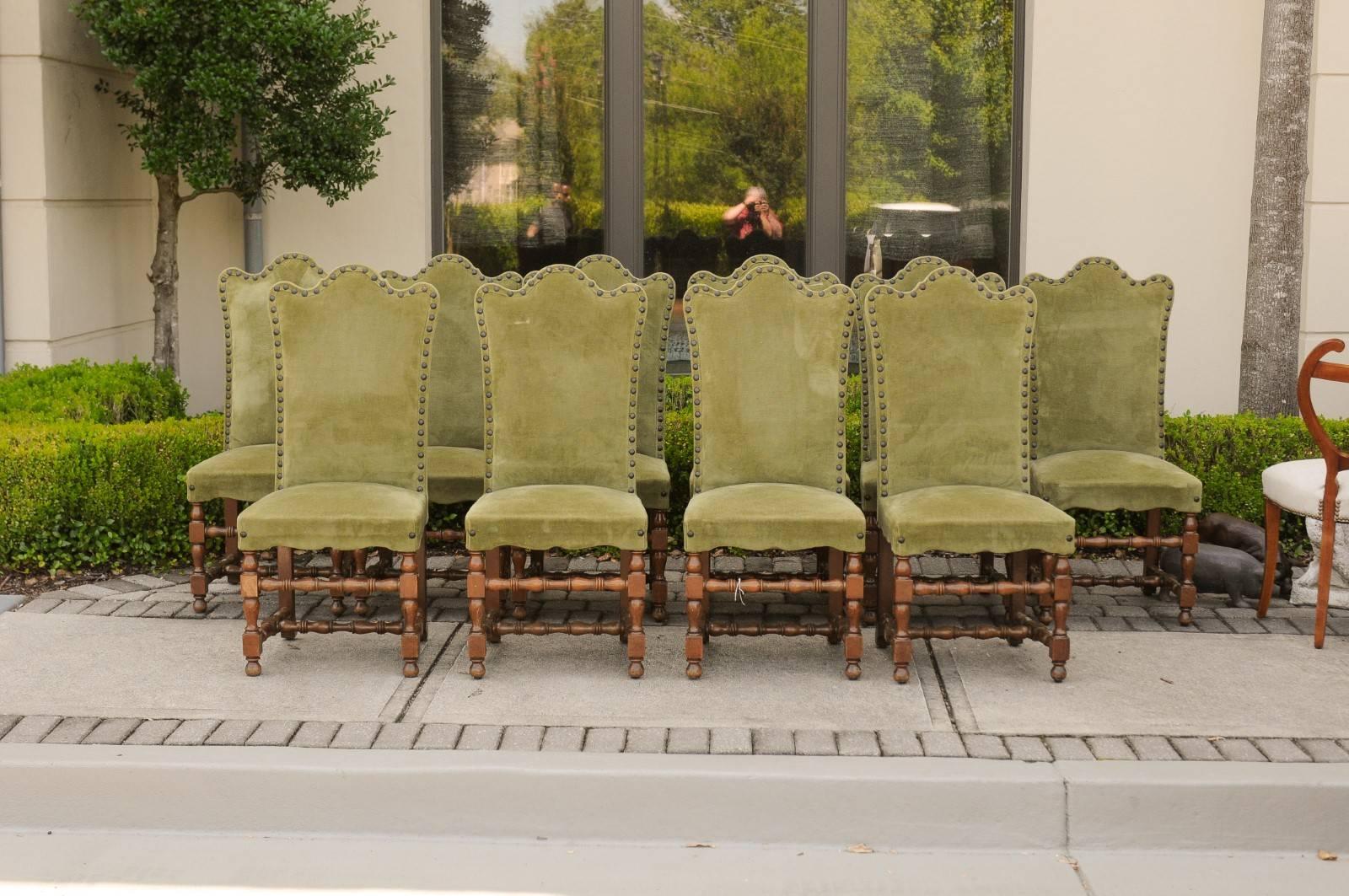Turned Set of Ten Italian Baroque Style 1900s Dining Side Chairs with Green Upholstery
