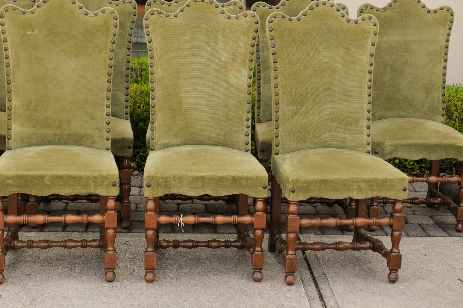 20th Century Set of Ten Italian Baroque Style 1900s Dining Side Chairs with Green Upholstery