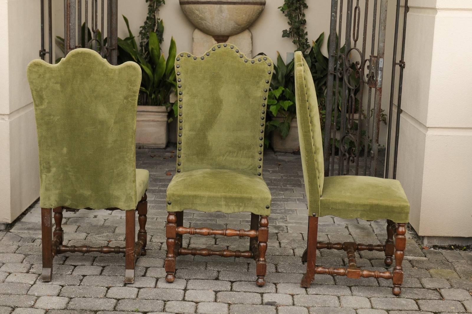 Wood Set of Ten Italian Baroque Style 1900s Dining Side Chairs with Green Upholstery