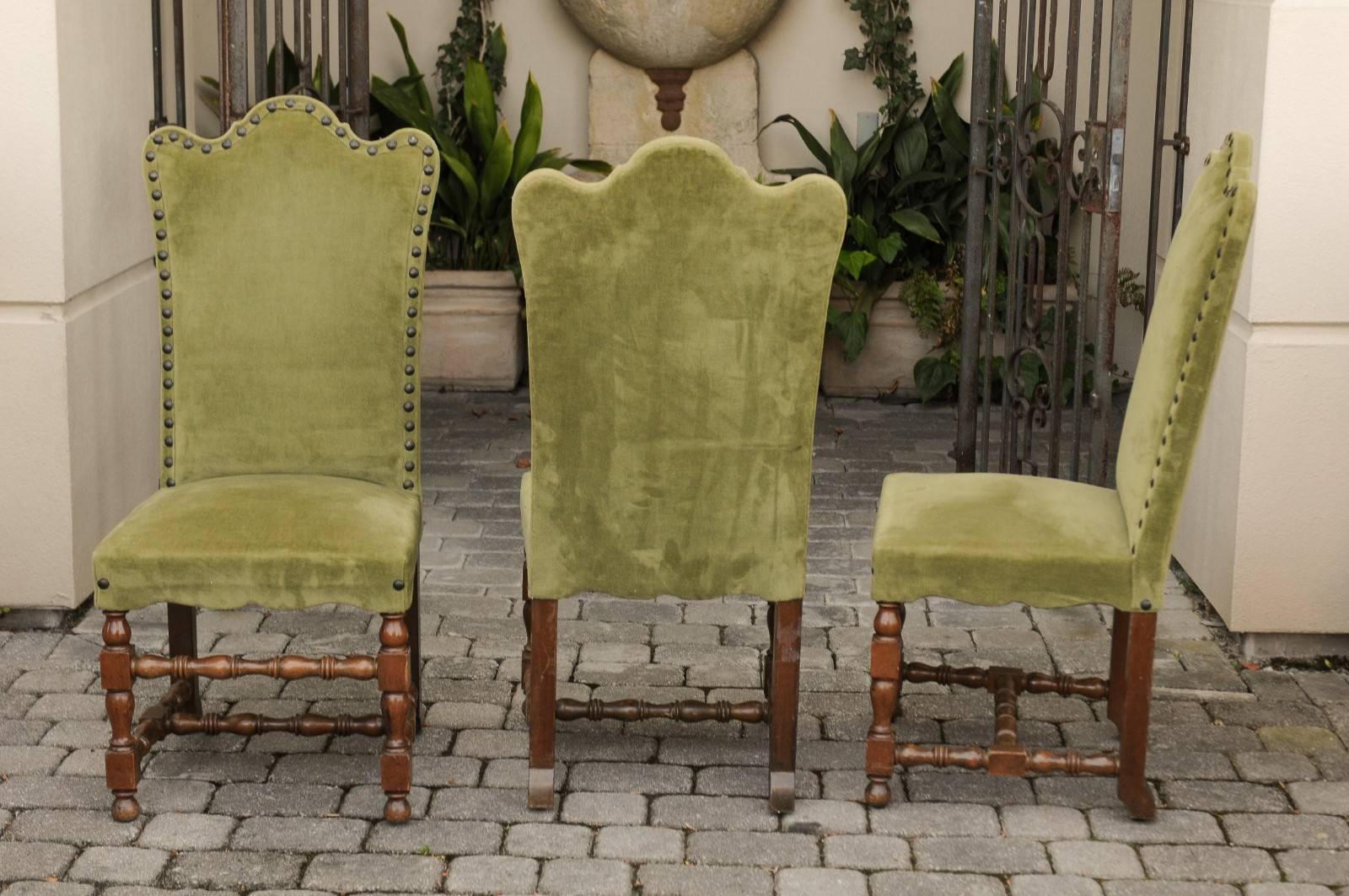 Set of Ten Italian Baroque Style 1900s Dining Side Chairs with Green Upholstery 1