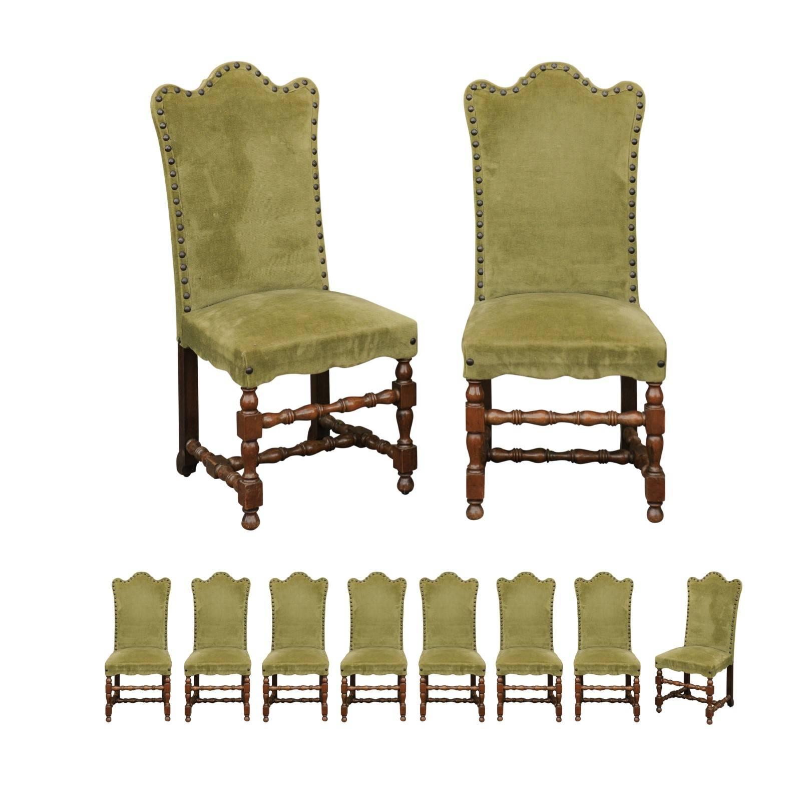 Set of Ten Italian Baroque Style 1900s Dining Side Chairs with Green Upholstery