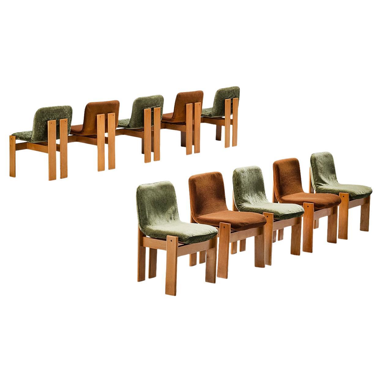 Set of Ten Italian Dining Chairs in Brown and Olive Green Upholstery