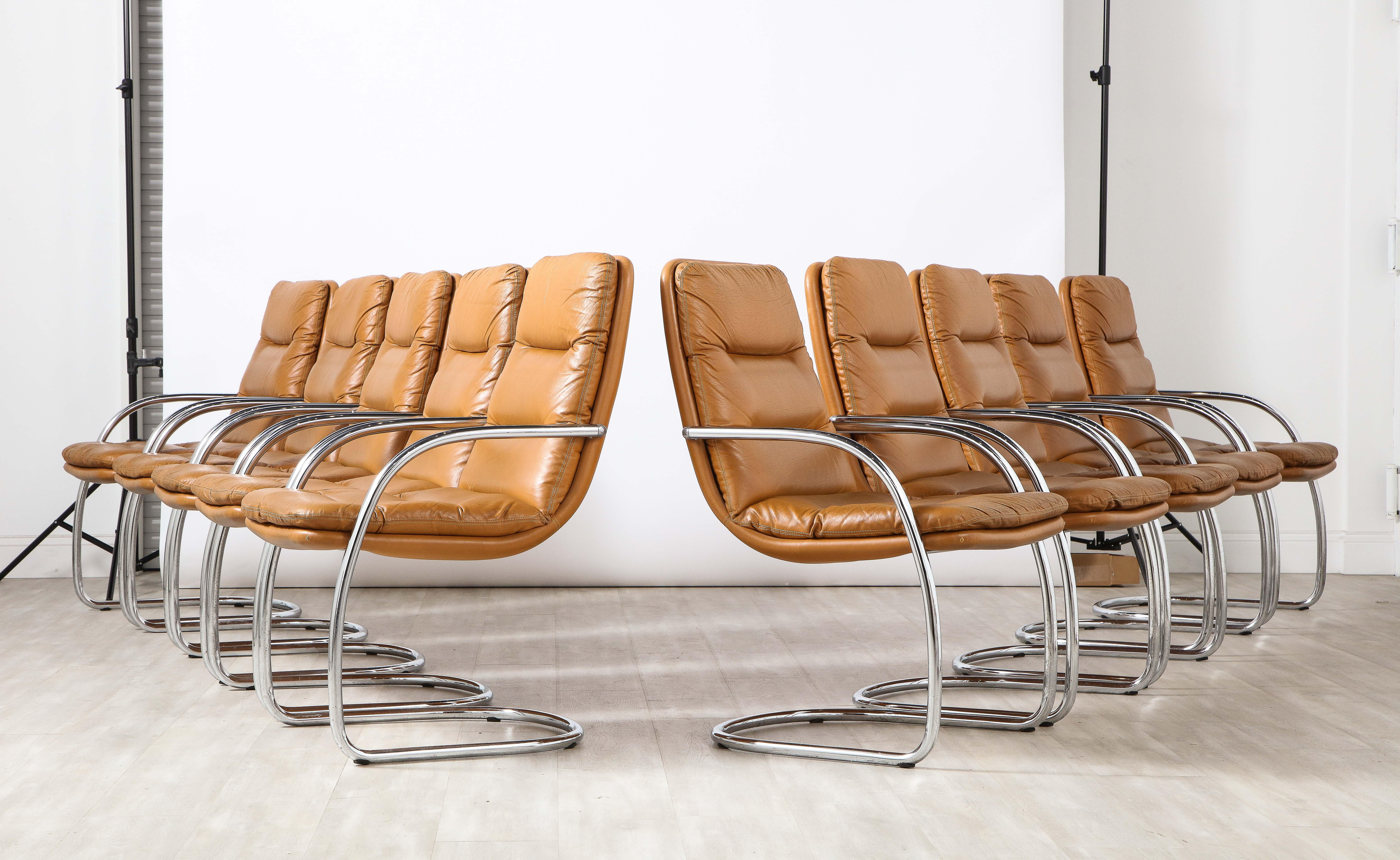 Modern Set of Ten Italian Leather and Chrome Armchairs For Sale