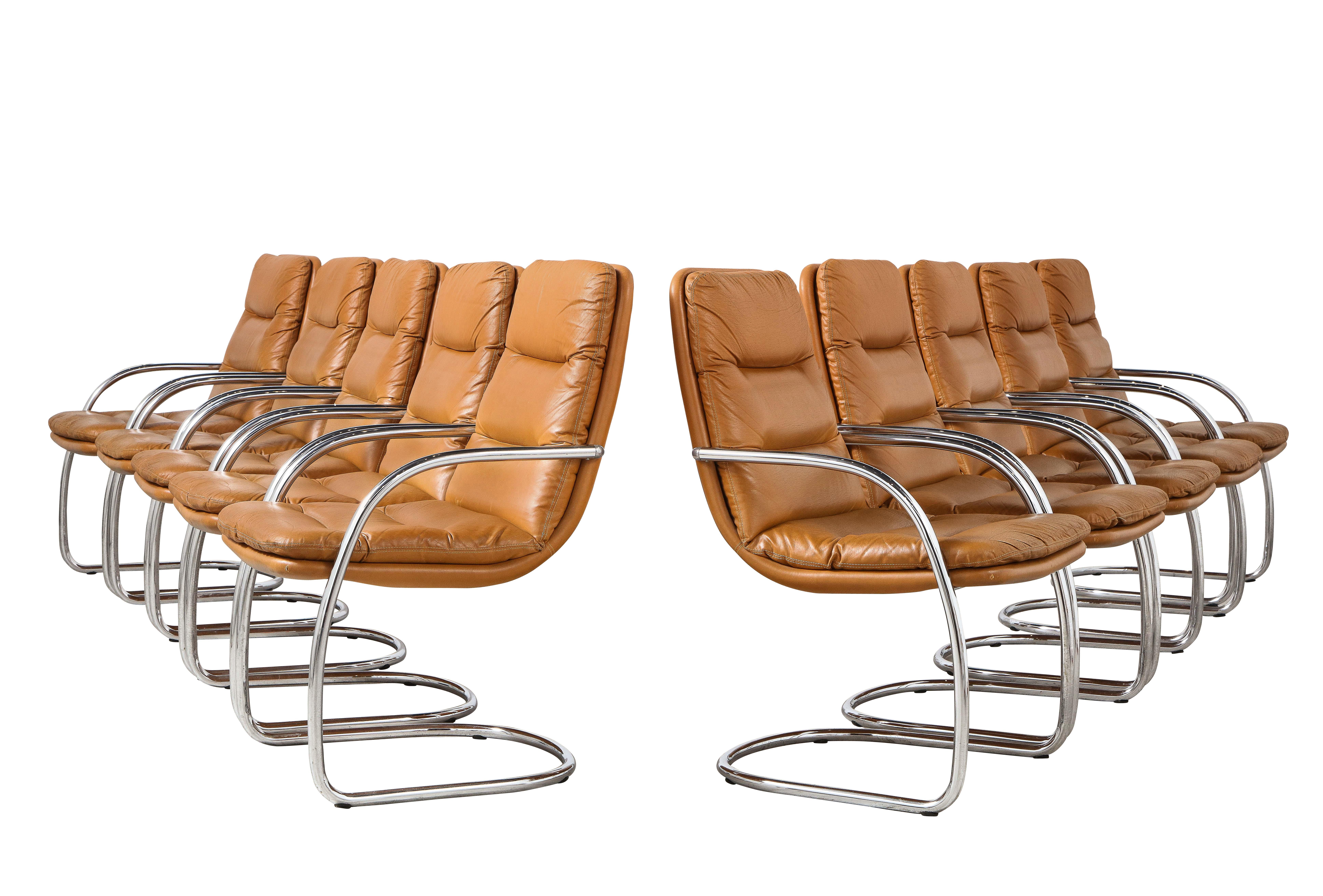 Late 20th Century Set of Ten Italian Leather and Chrome Armchairs For Sale