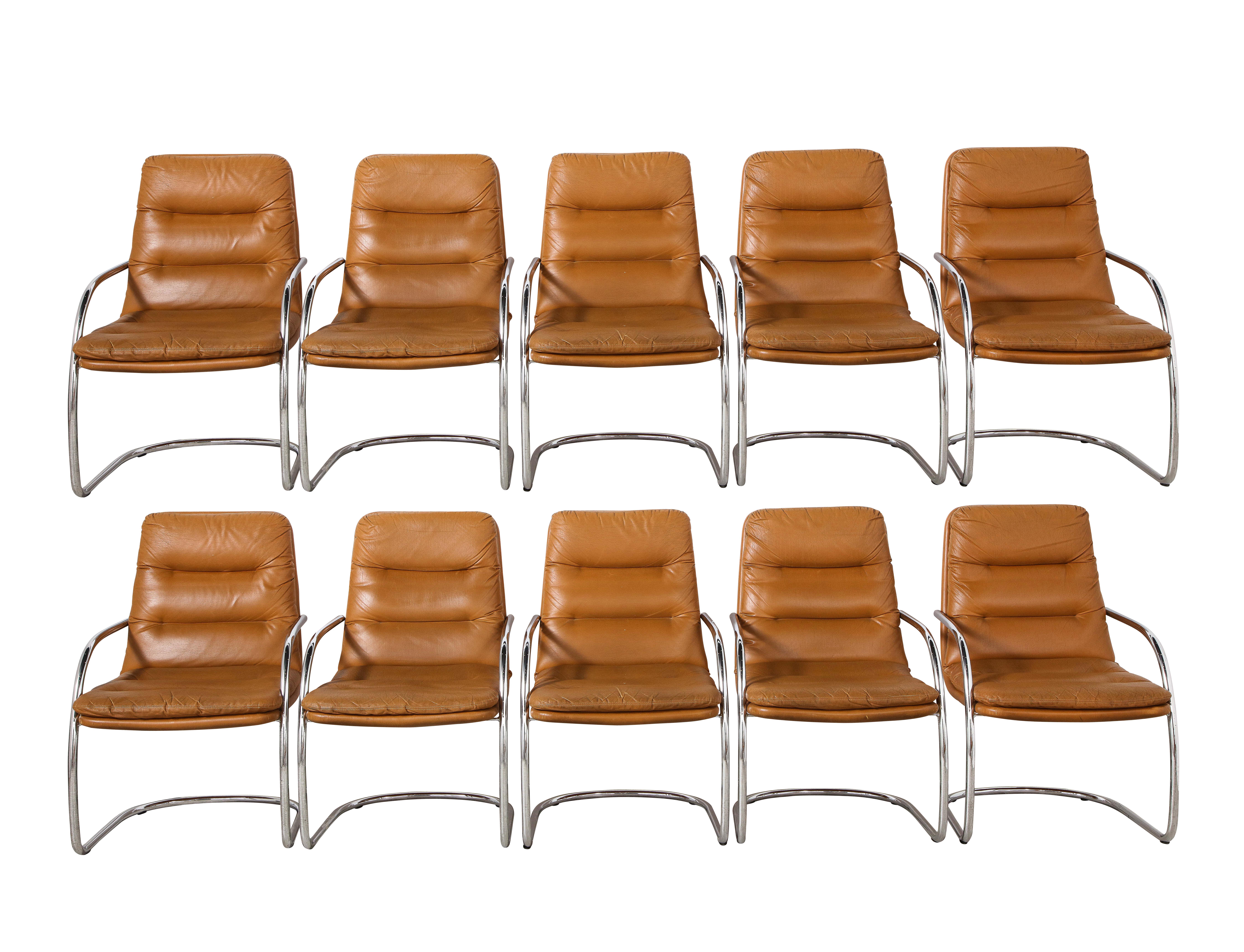 Set of Ten Italian Leather and Chrome Armchairs For Sale 2