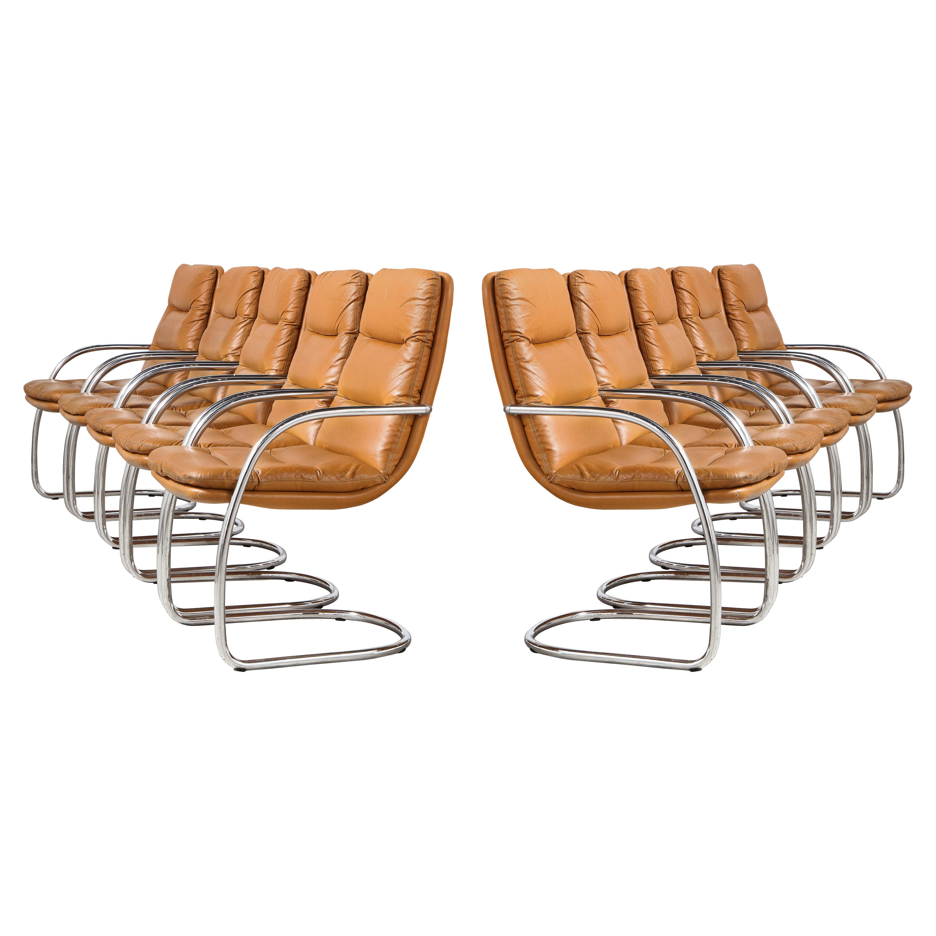 Set von zehn italienischen Leder- und Chromsesseln im Angebot