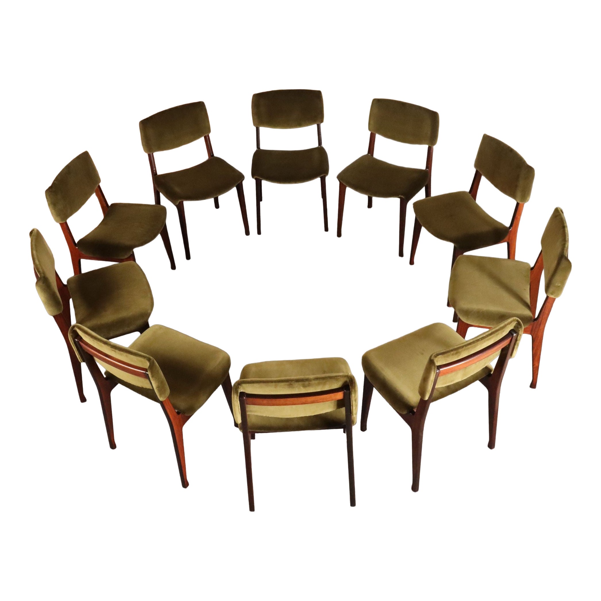 Conjunto de diez sillas de comedor italianas de palisandro y terciopelo de Ico Parisi para M.I.M. en venta