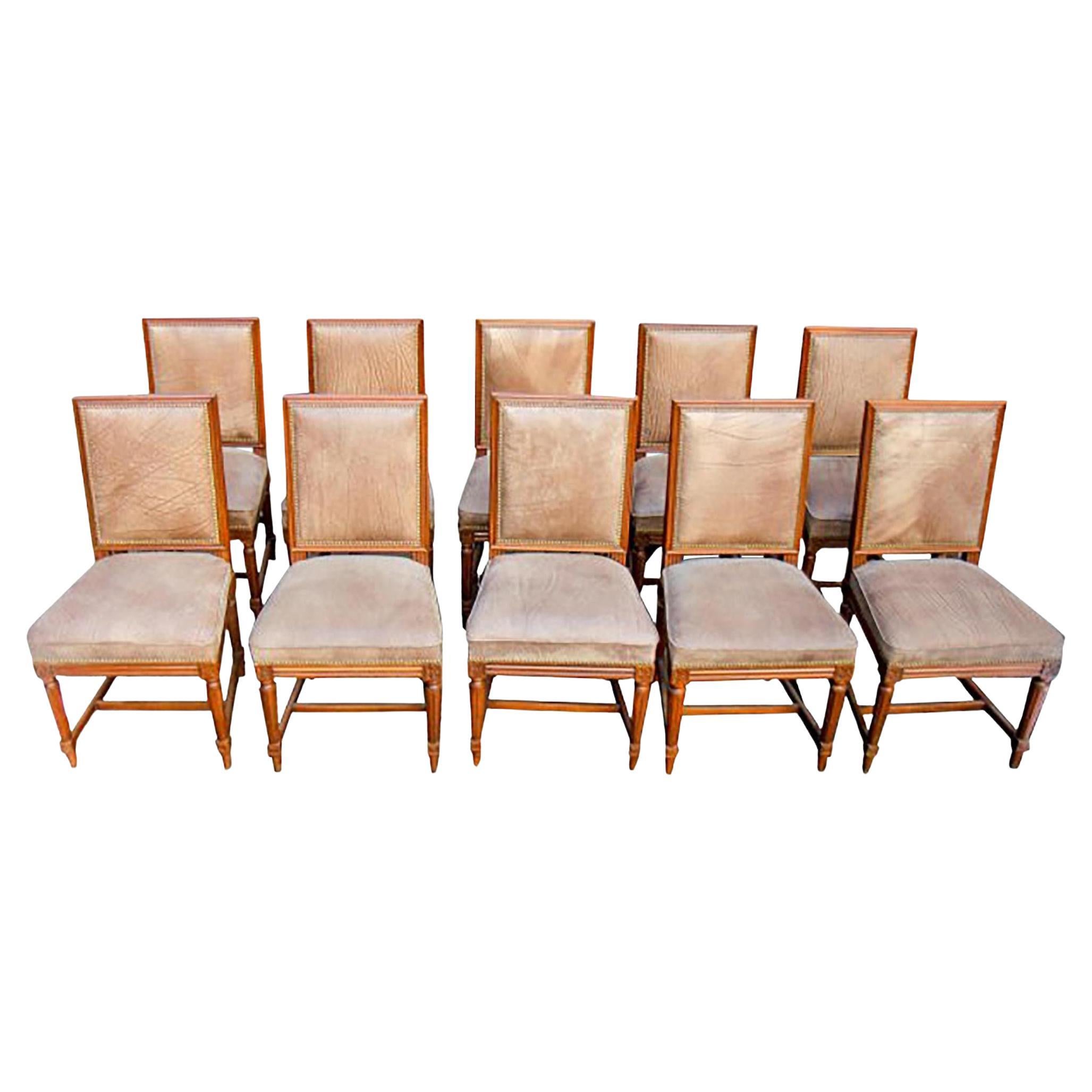 Set of Ten Jansen Louis XVI Style Wood Side Dining Chairs For Sale
