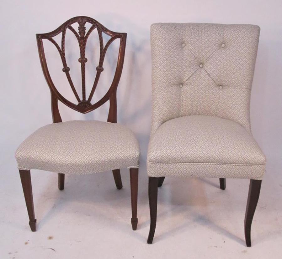 A fine set of dining chairs, all mahogany with matching upholstered seats, eight pierce and foliate carved shield back chairs and two fully upholstered host and hostess chairs. The set dates to the mid 20th century and the 8 shield back chairs were