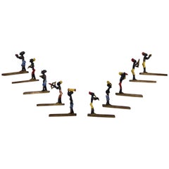 Vintage Set of Ten Knife Rests from the Ivory Coast, Iron Hand-Painted Aspects of Life