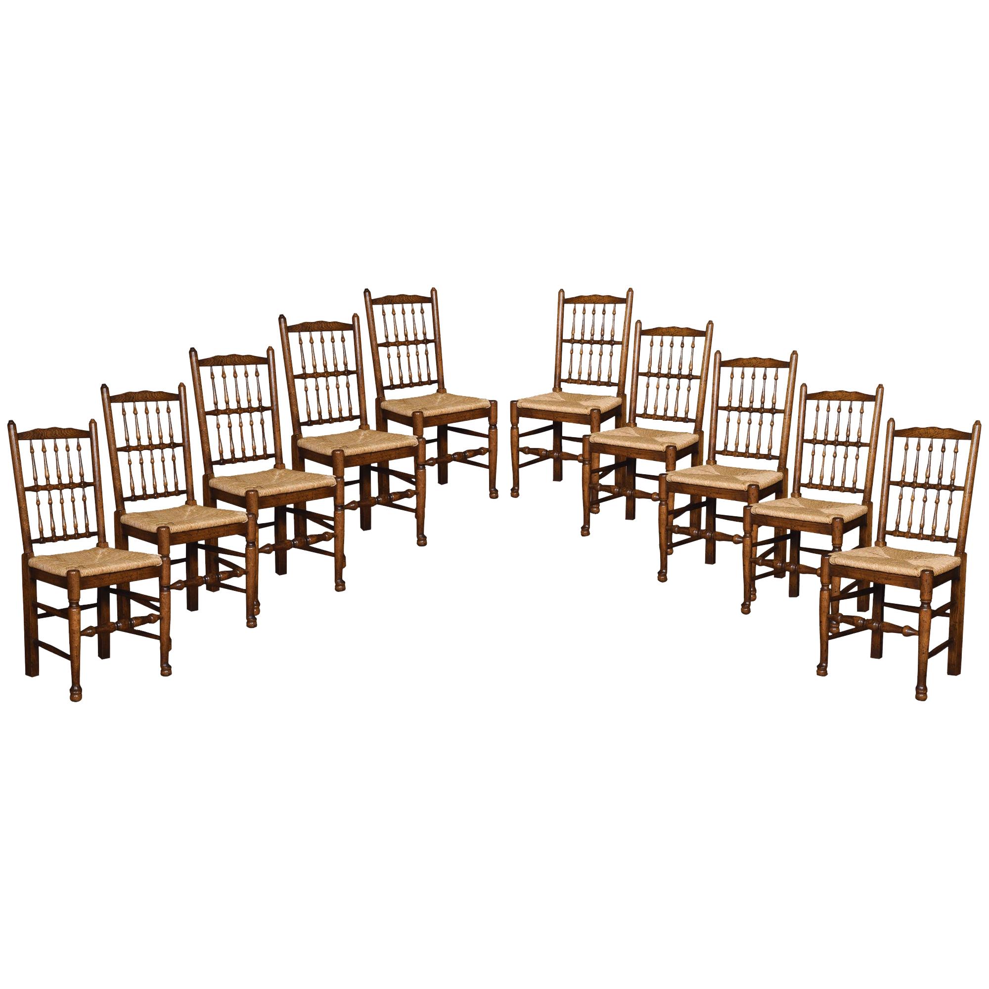Set of Ten Lancashire Spindle Back Dining Chairs
