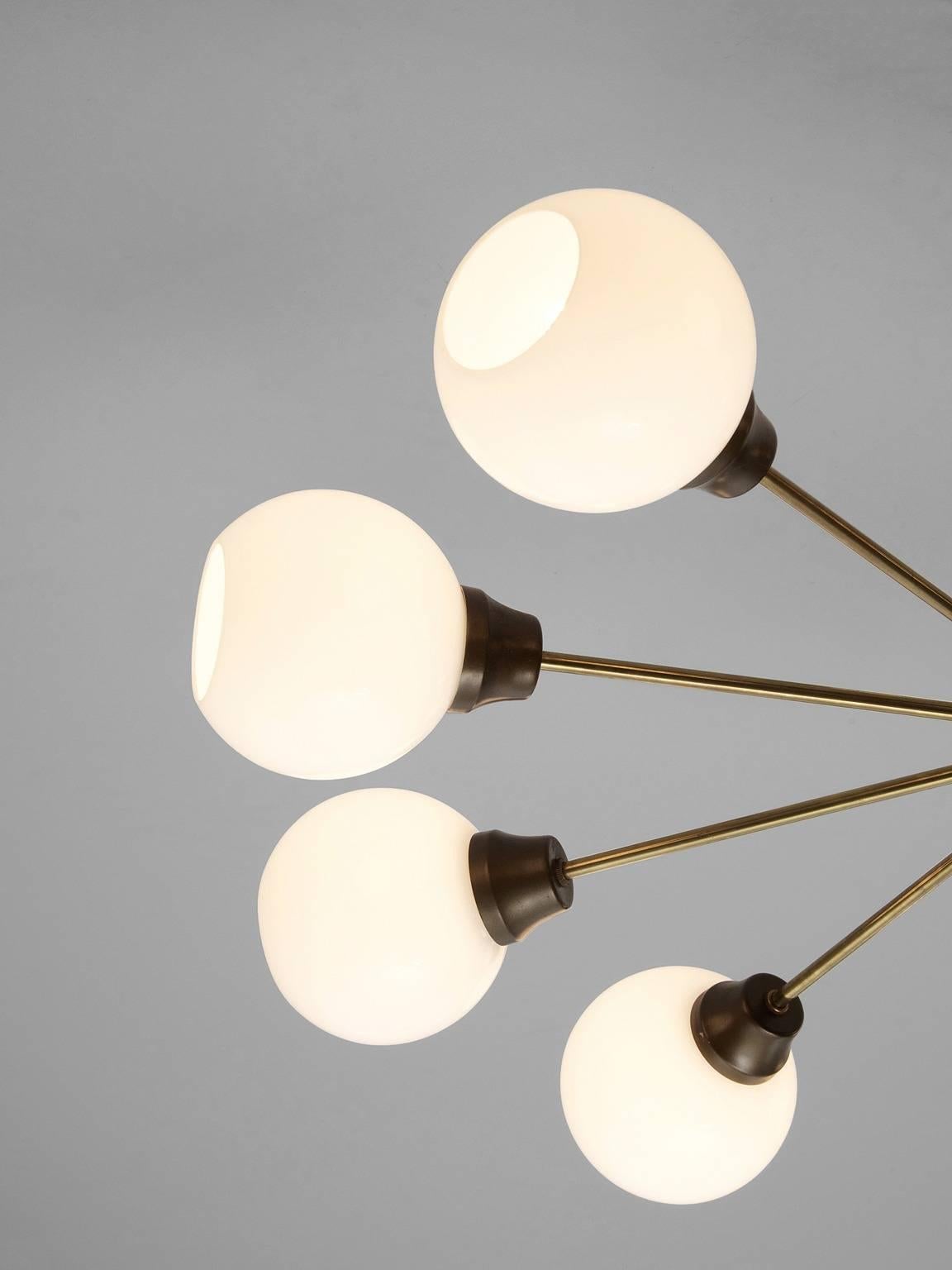 Set of Seven Large Brass and Opal Sputnik Chandeliers In Good Condition In Waalwijk, NL