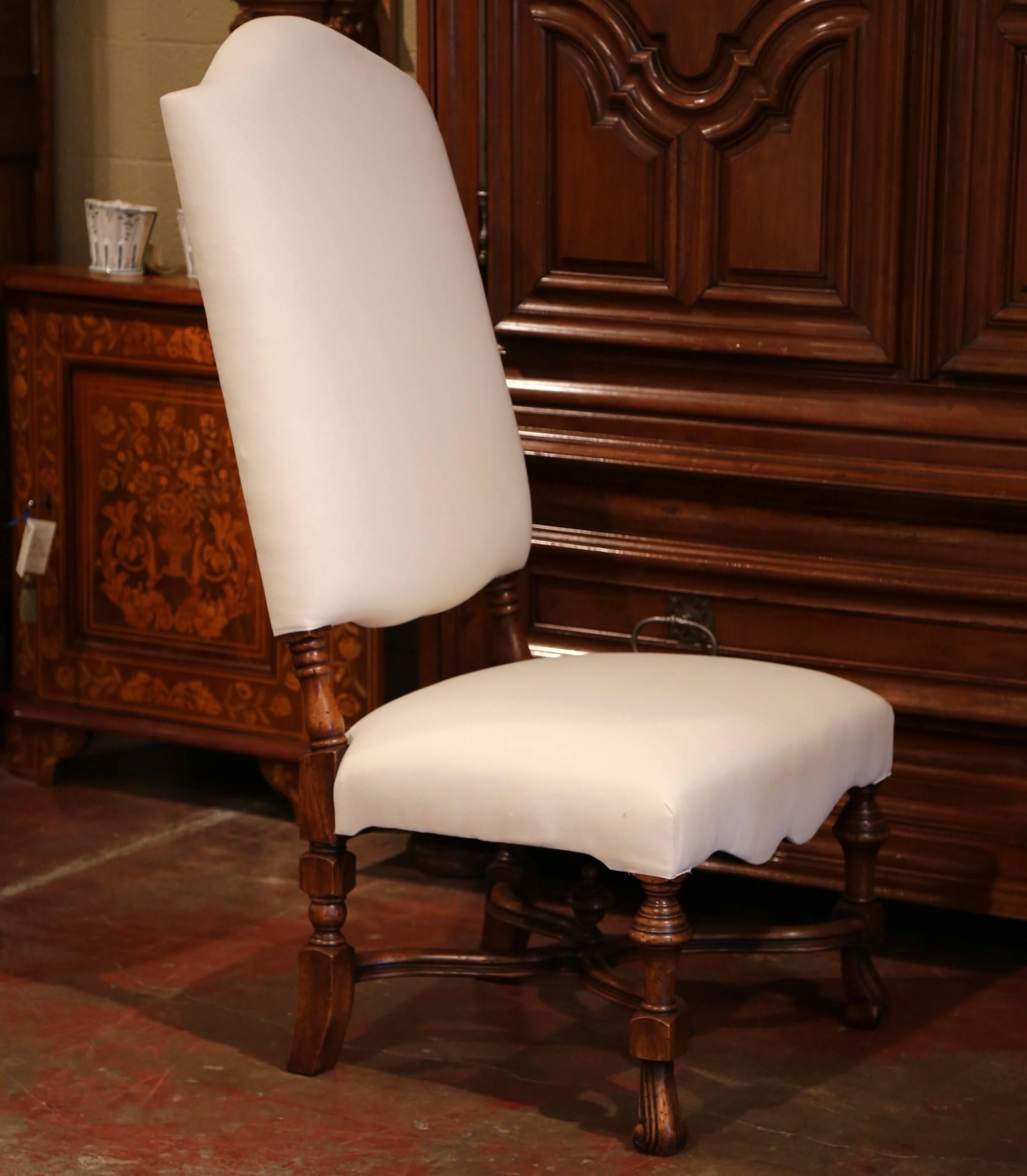 Contemporary French Louis XIII Carved Walnut Dining Chairs with Muslin Upholstery, Set of 10