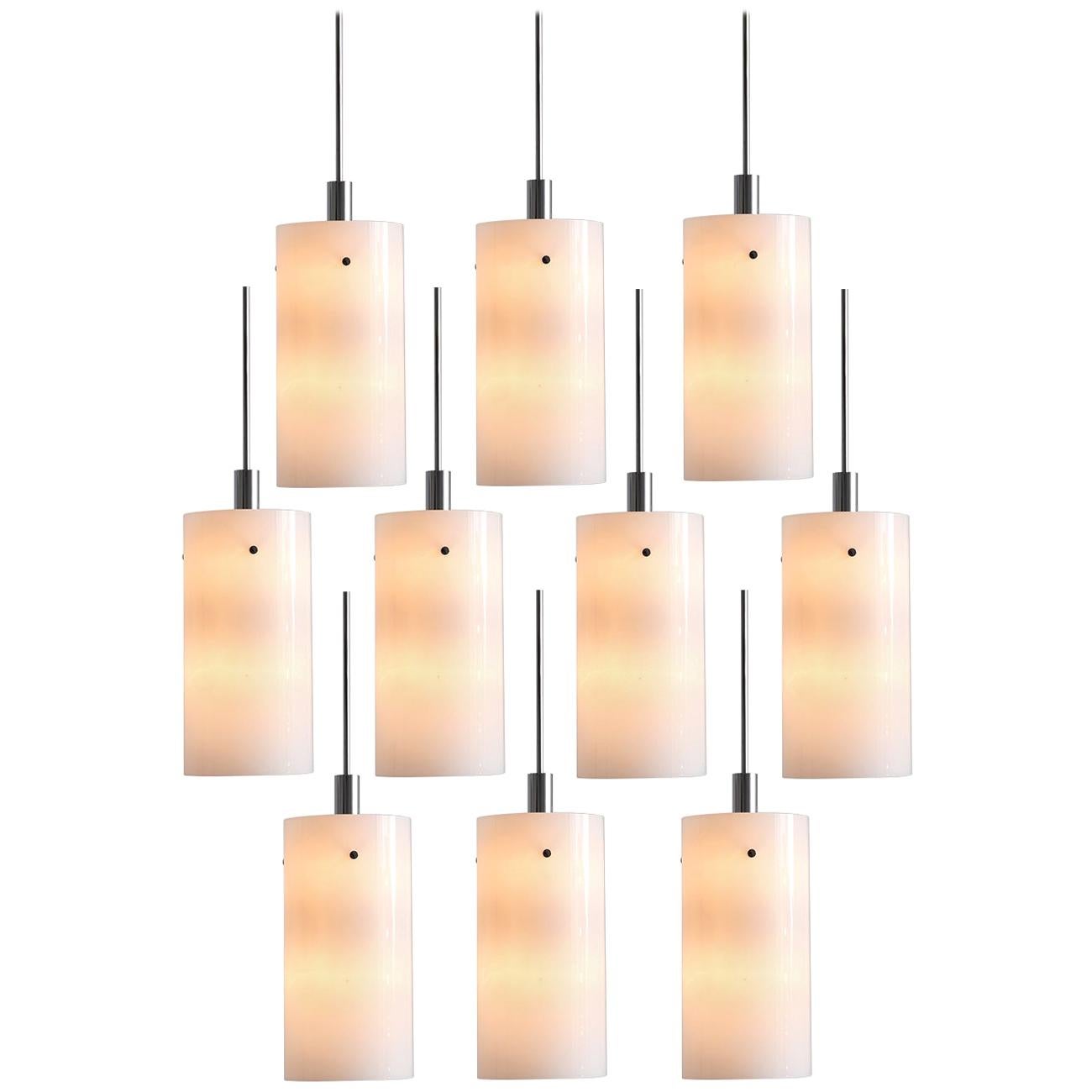 Set of Ten Large Pendants with White Glass Shade