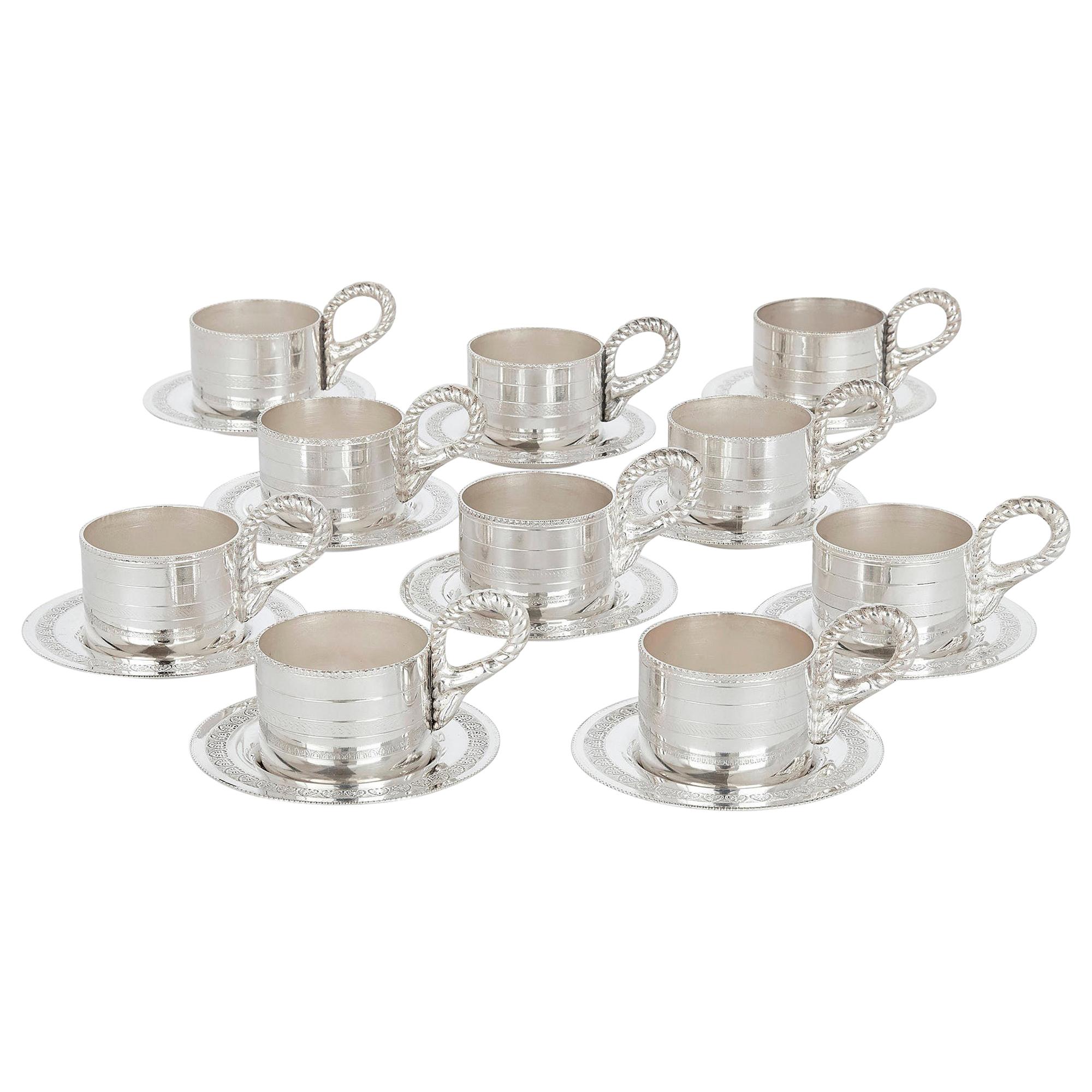 Set of Ten Lebanese Silver Plate Cups and Saucers by Habis