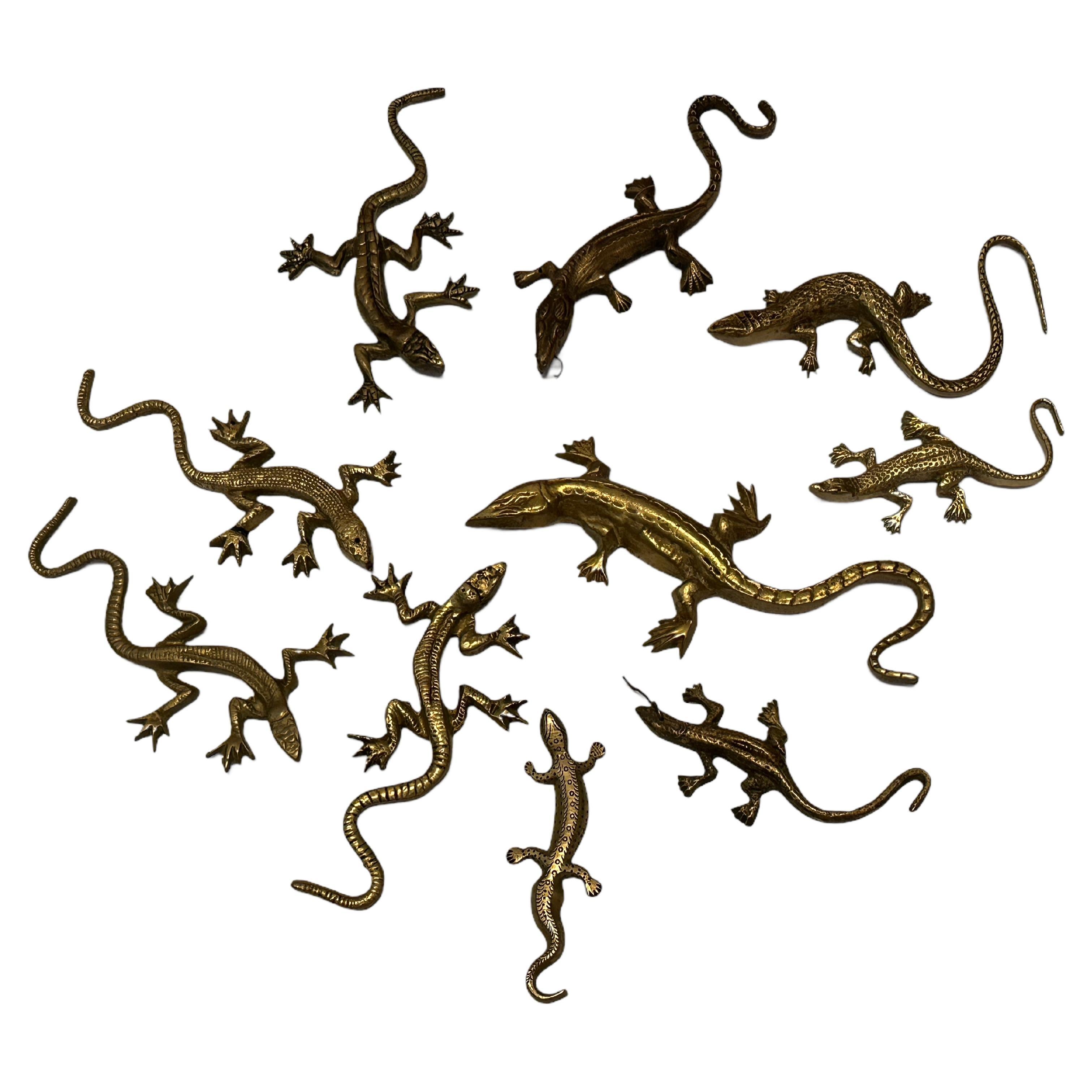 Set of Ten Lizards Gecko Brass Metal Wall Decoration Vintage, 1960s