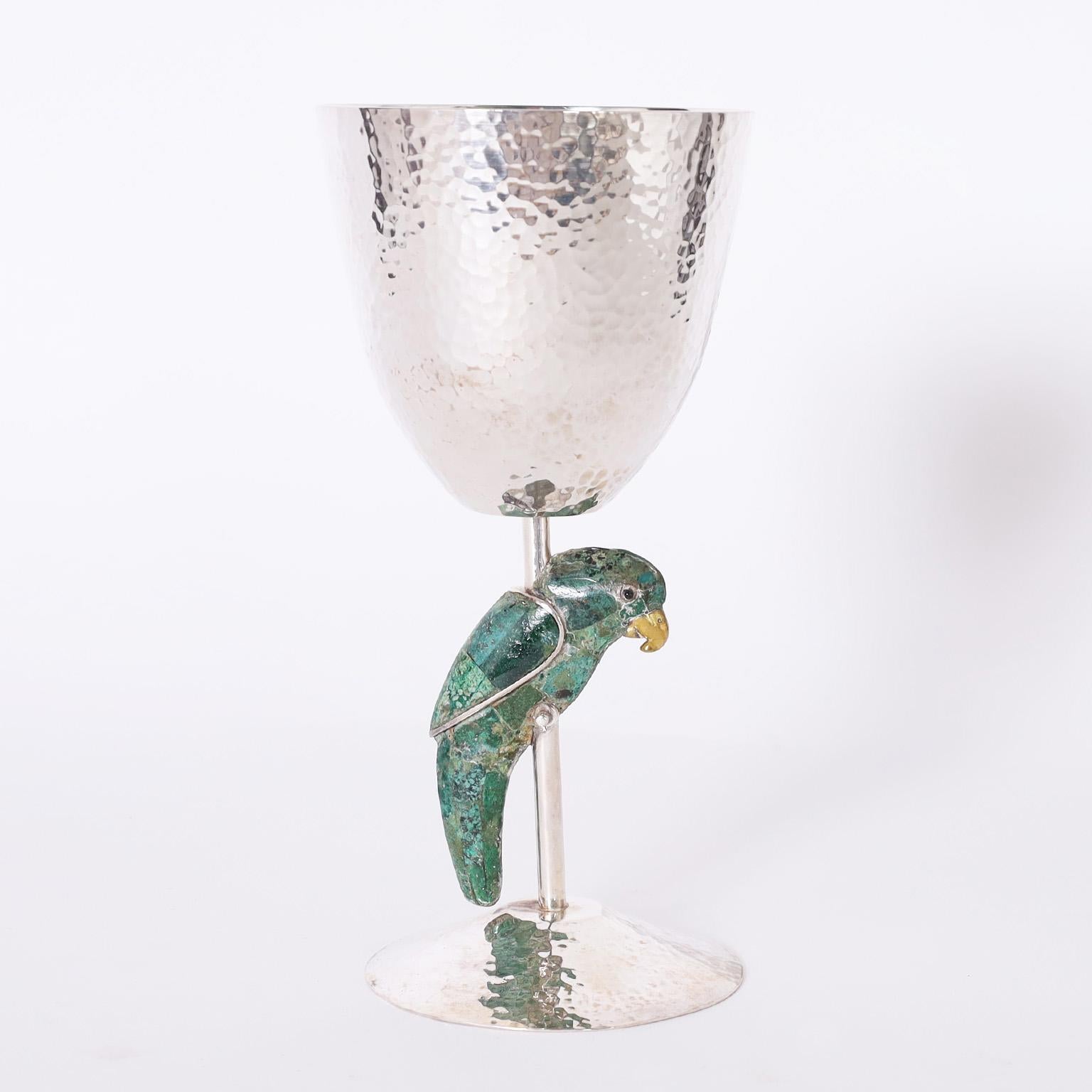 Mid-Century Modern Set of Ten Los Castillo Wine Glasses with Parrots