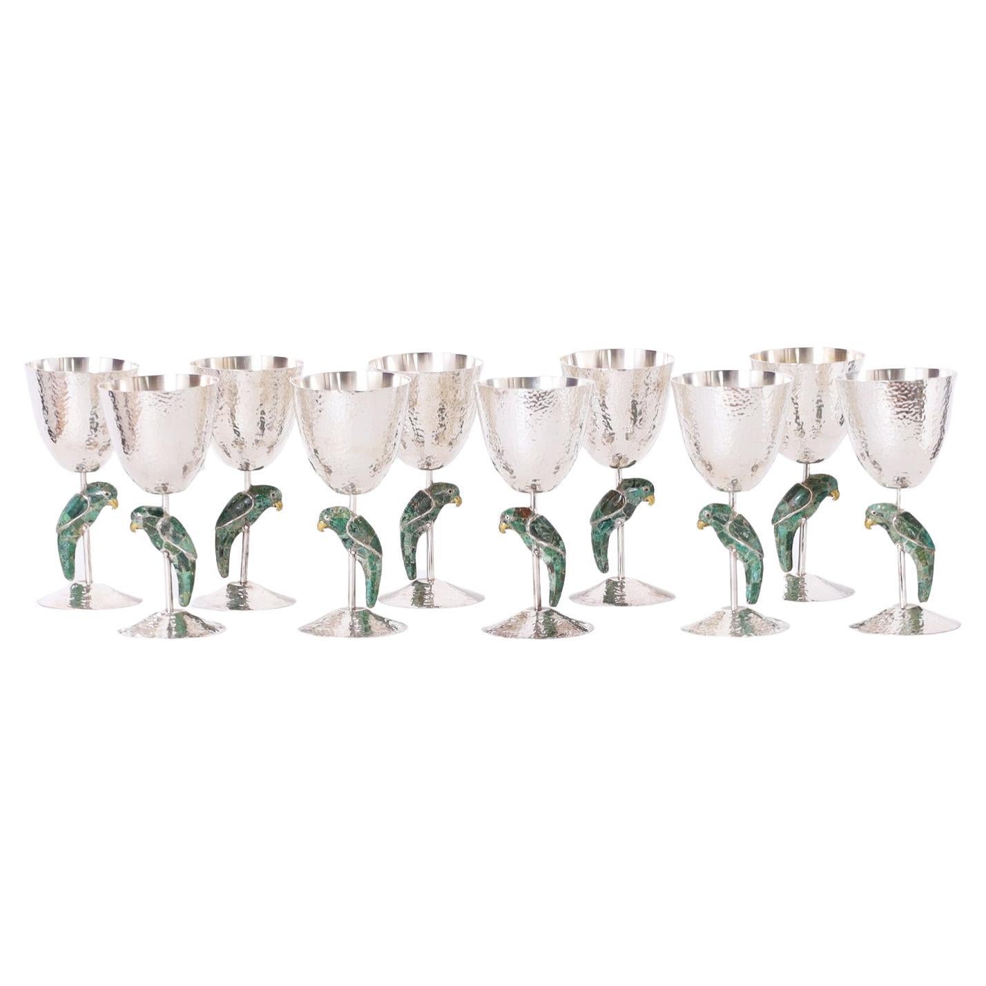 Set of Ten Los Castillo Wine Glasses with Parrots