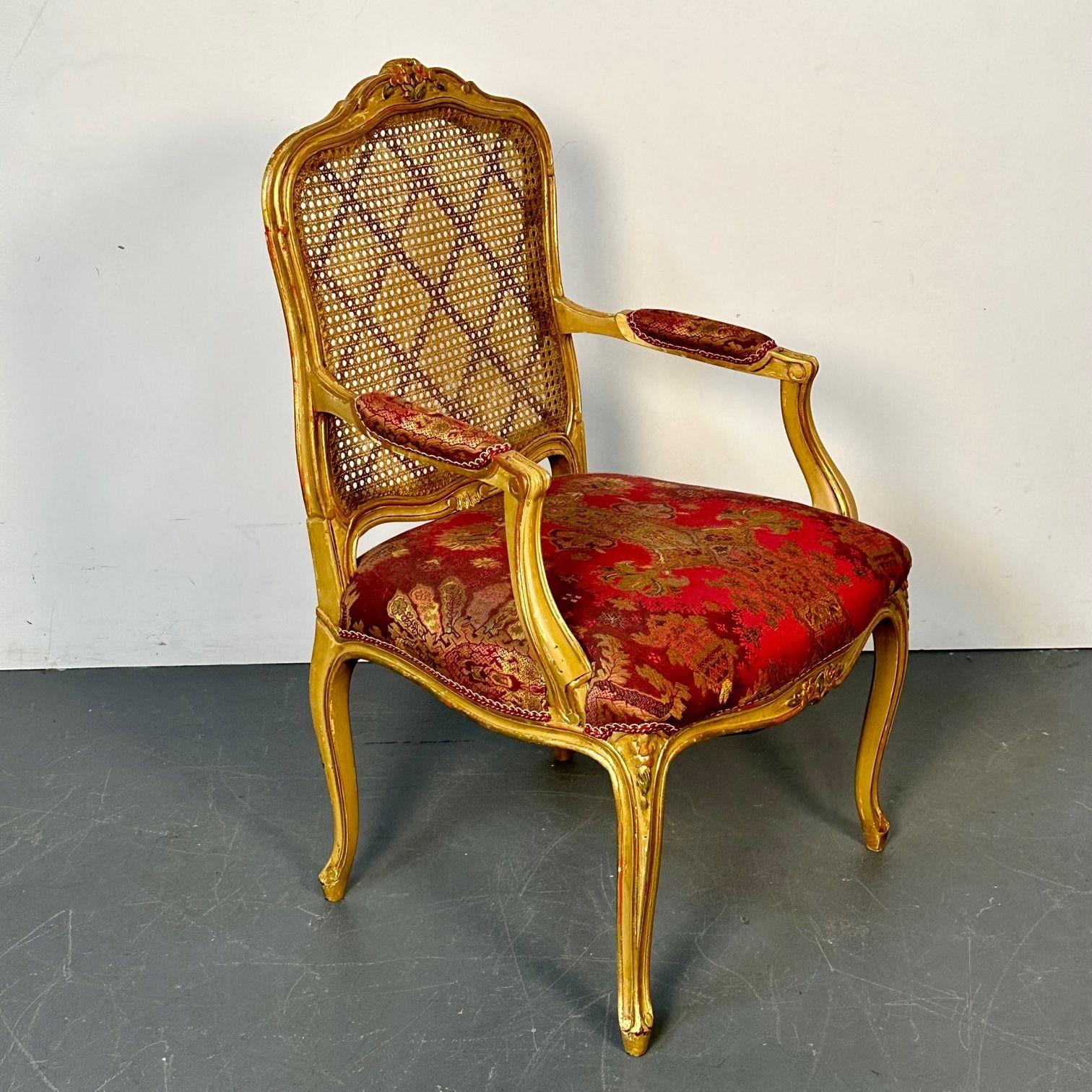 Louis XV Style, Ten Dining Chairs, Gold Gilt, Cane, Red Fabric, France, 1960s For Sale 5