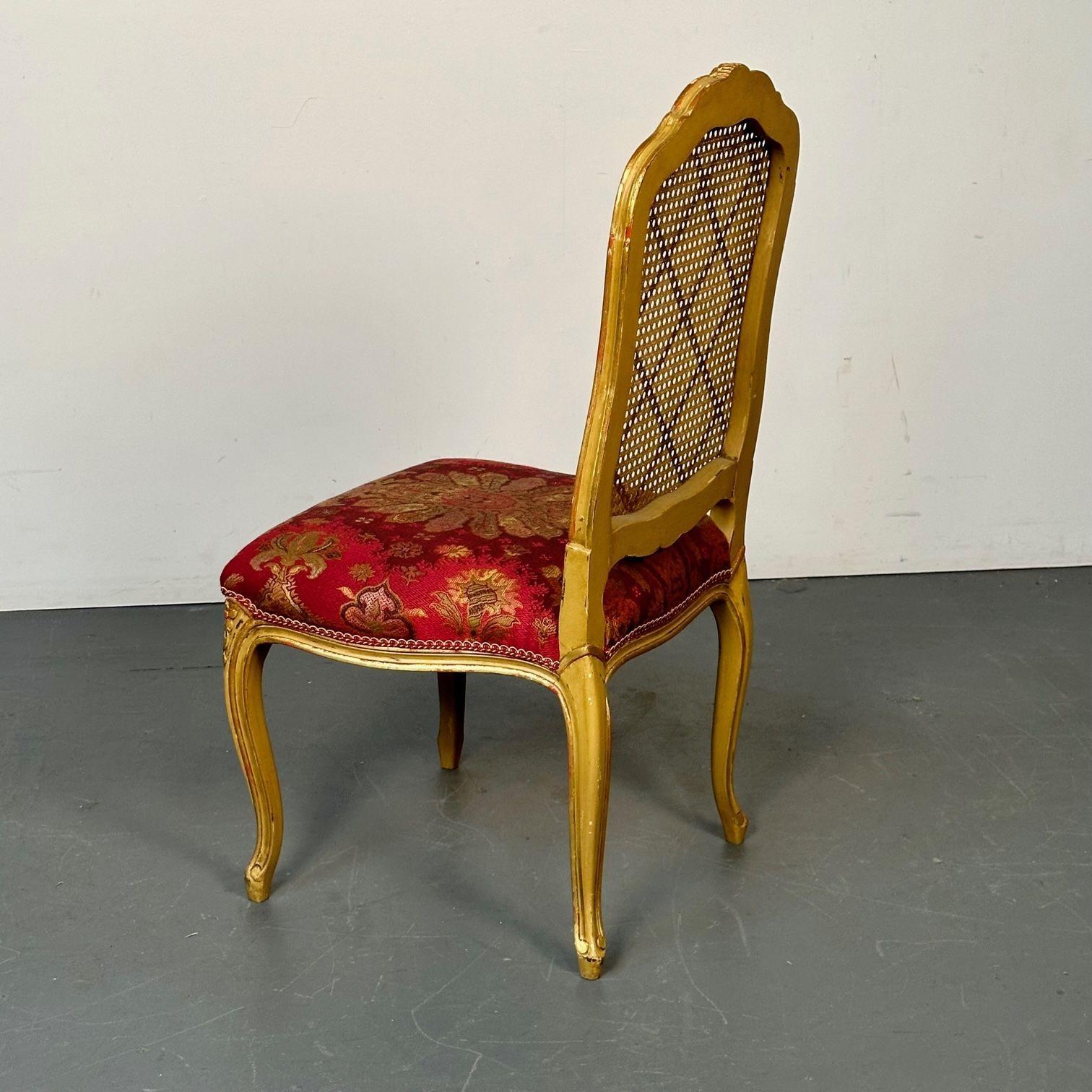 Louis XV Style, Ten Dining Chairs, Gold Gilt, Cane, Red Fabric, France, 1960s For Sale 6