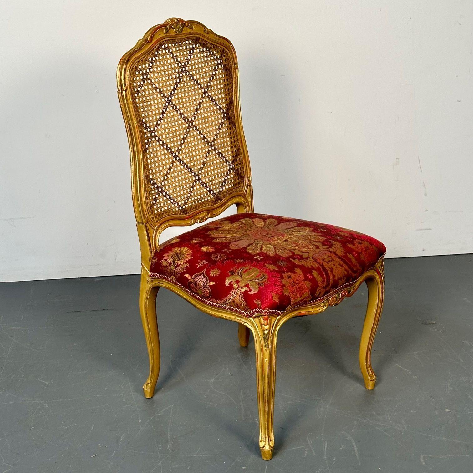 Louis XV Style, Ten Dining Chairs, Gold Gilt, Cane, Red Fabric, France, 1960s For Sale 7