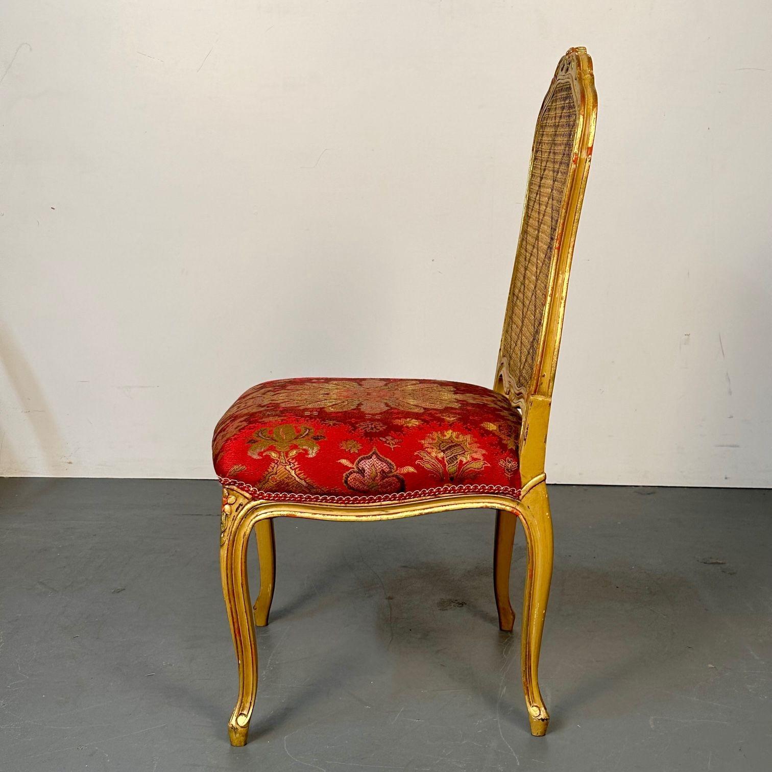 Louis XV Style, Ten Dining Chairs, Gold Gilt, Cane, Red Fabric, France, 1960s For Sale 8
