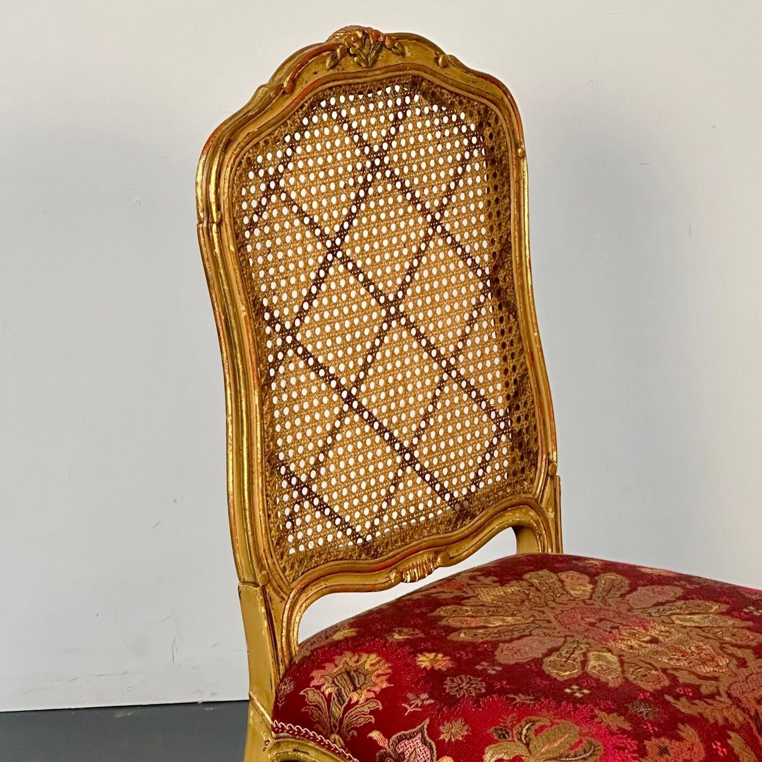Louis XV Style, Ten Dining Chairs, Gold Gilt, Cane, Red Fabric, France, 1960s For Sale 11