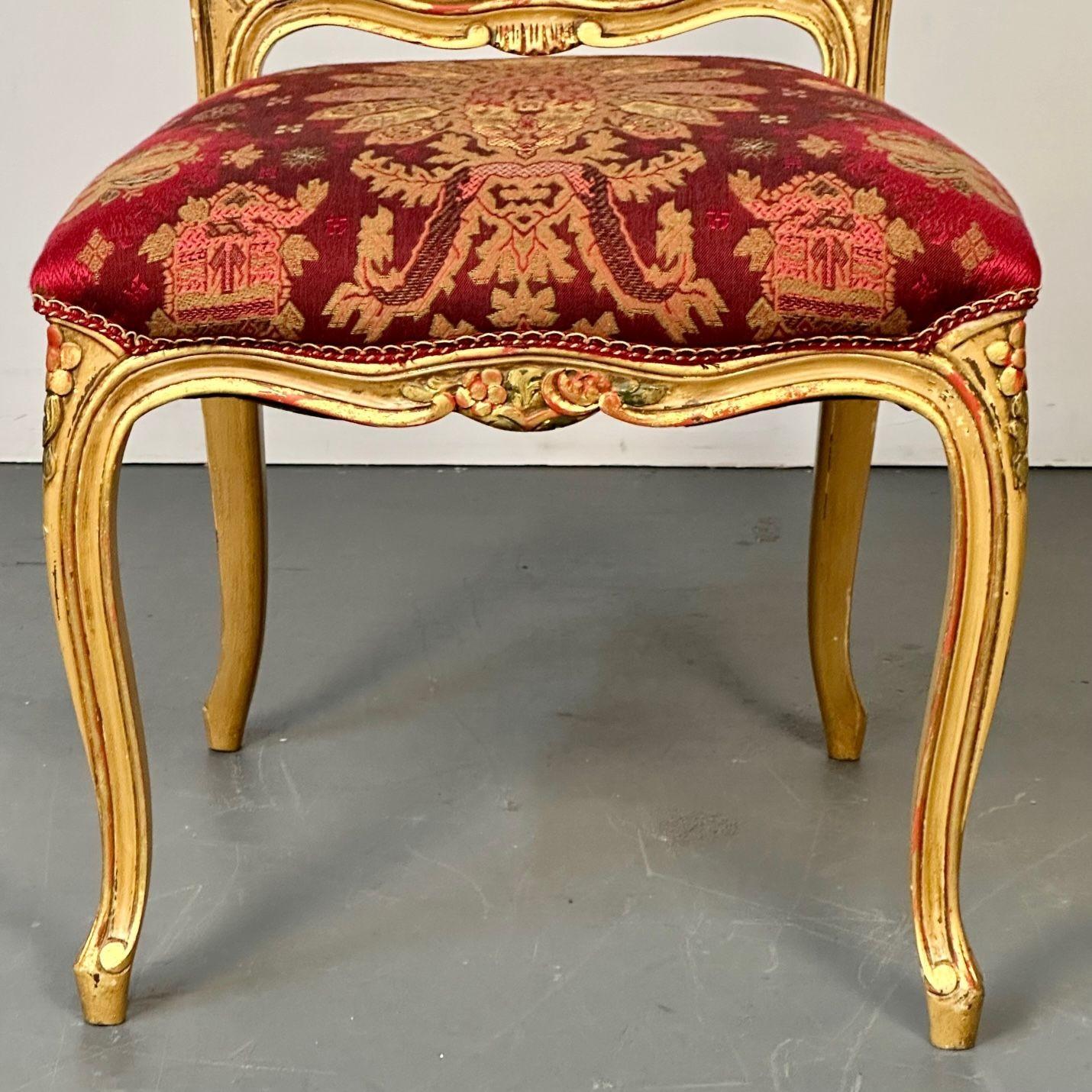 Louis XV Style, Ten Dining Chairs, Gold Gilt, Cane, Red Fabric, France, 1960s For Sale 12