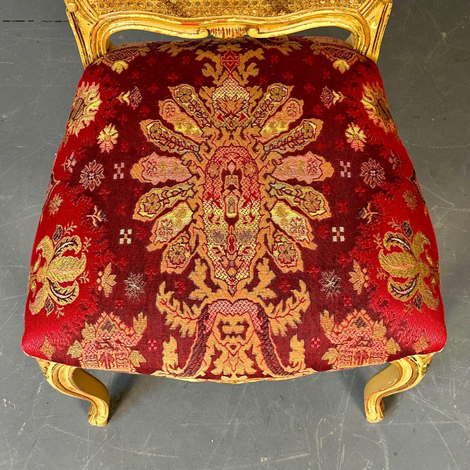 Louis XV Style, Ten Dining Chairs, Gold Gilt, Cane, Red Fabric, France, 1960s For Sale 13